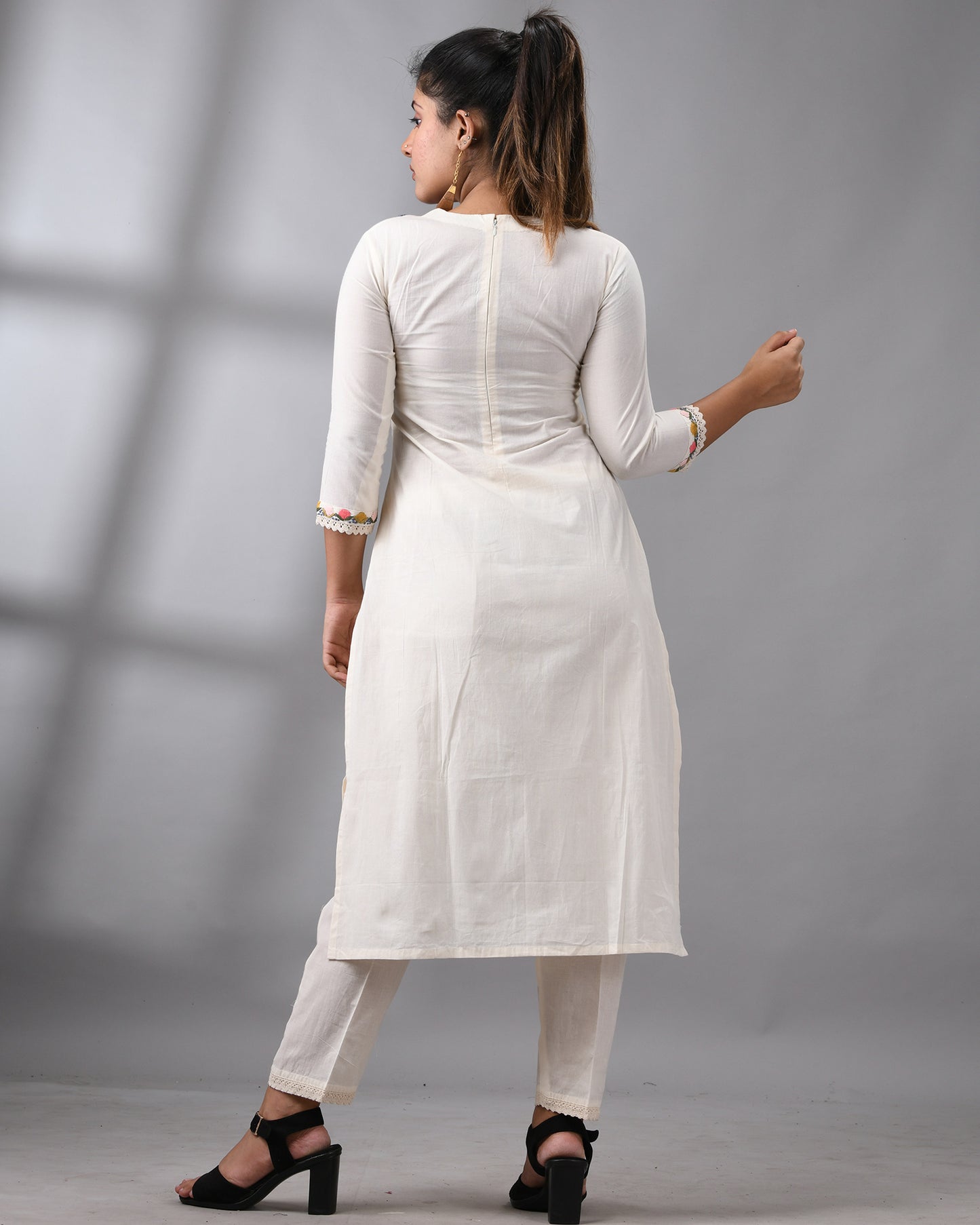Sheesha - Kora Parsee Hand Embroidery Three-Quarter Sleeve "O" Neck Co-Ord Set 100% Cotton for Women