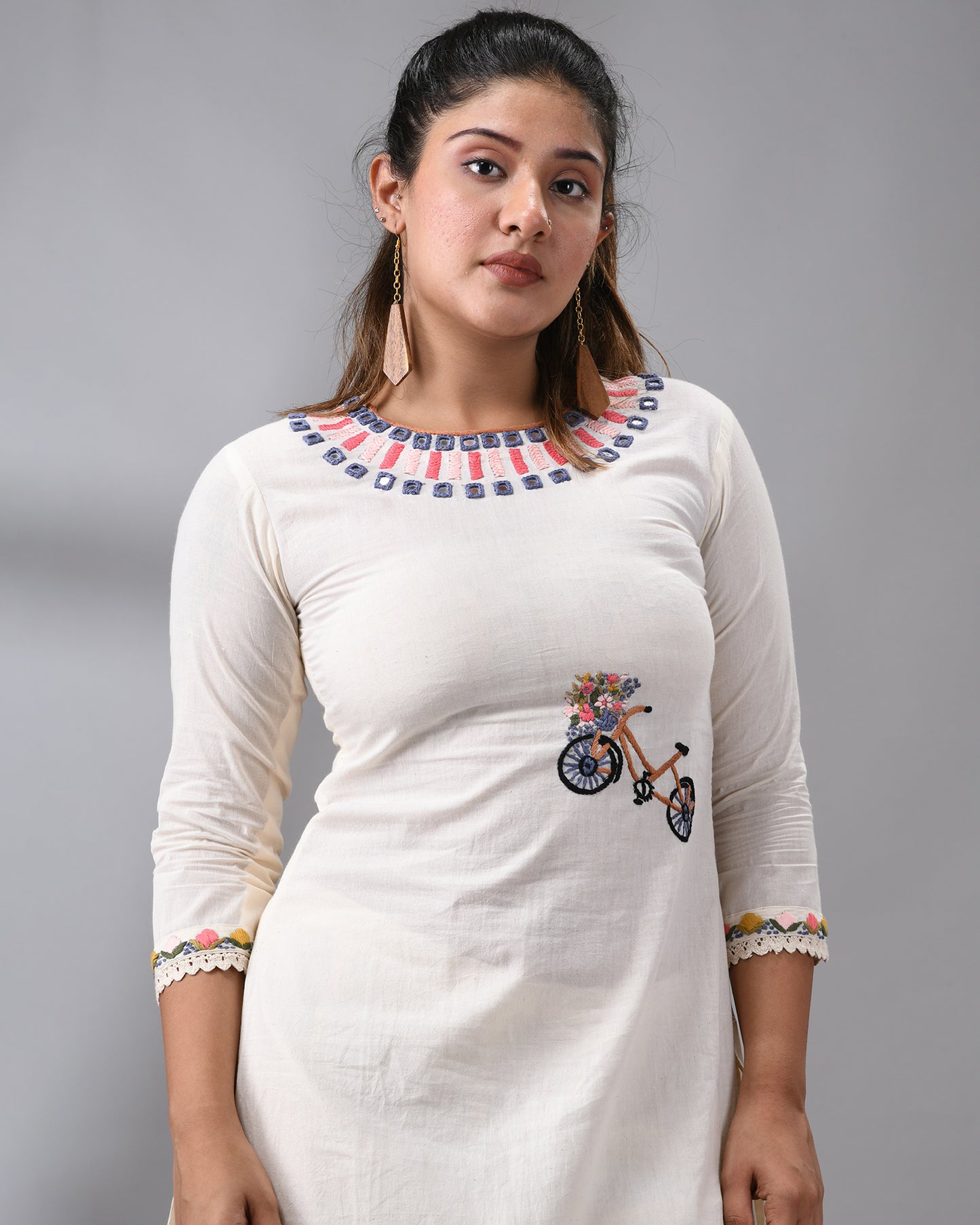 Sheesha - Kora Parsee Hand Embroidery Three-Quarter Sleeve "O" Neck Co-Ord Set 100% Cotton for Women