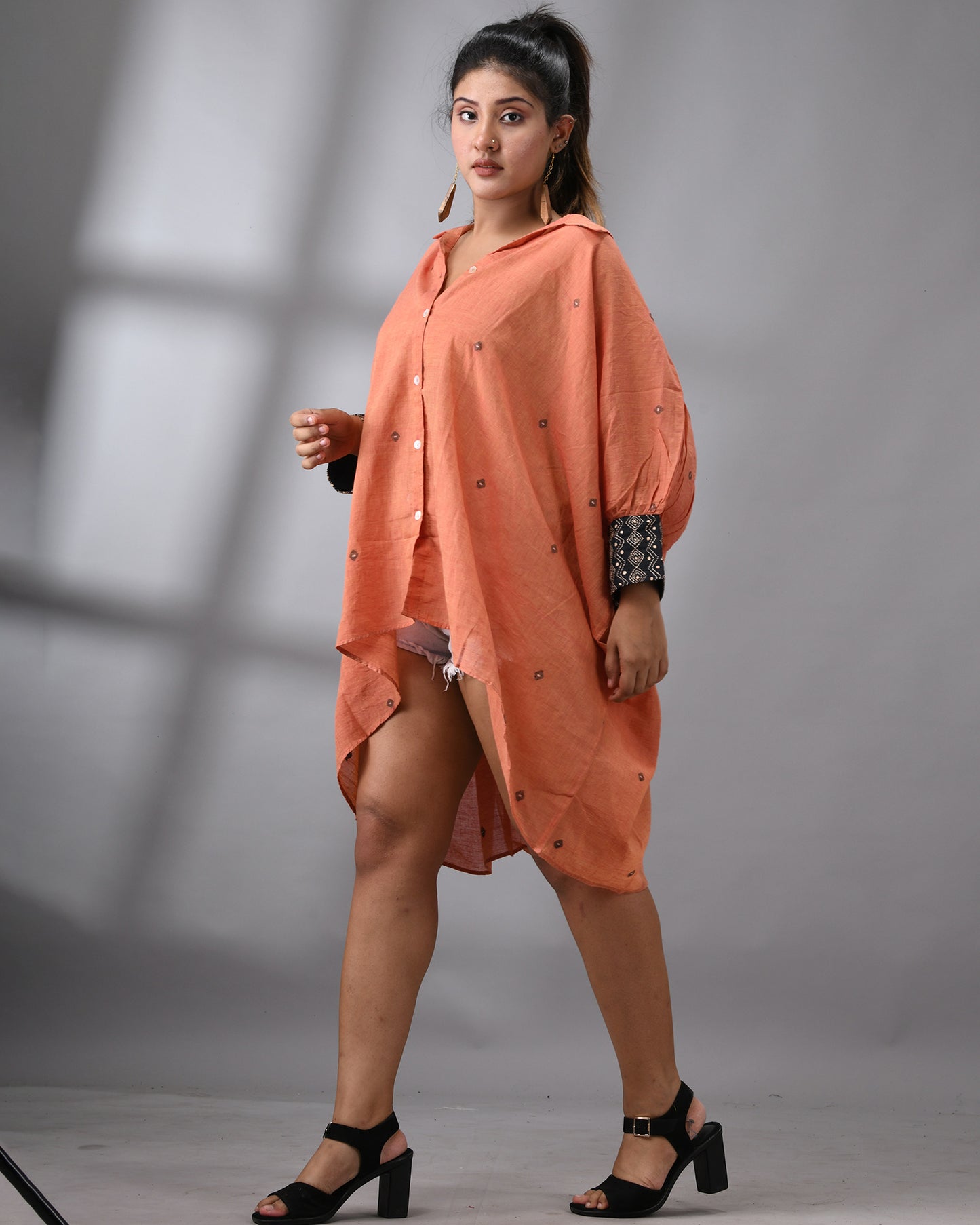 Handloom Jamdani Rust Orange Kaftan Regular Shirt Collar Hand Embroidery on Cuff Free size Loose Fit 100% Cotton for Women