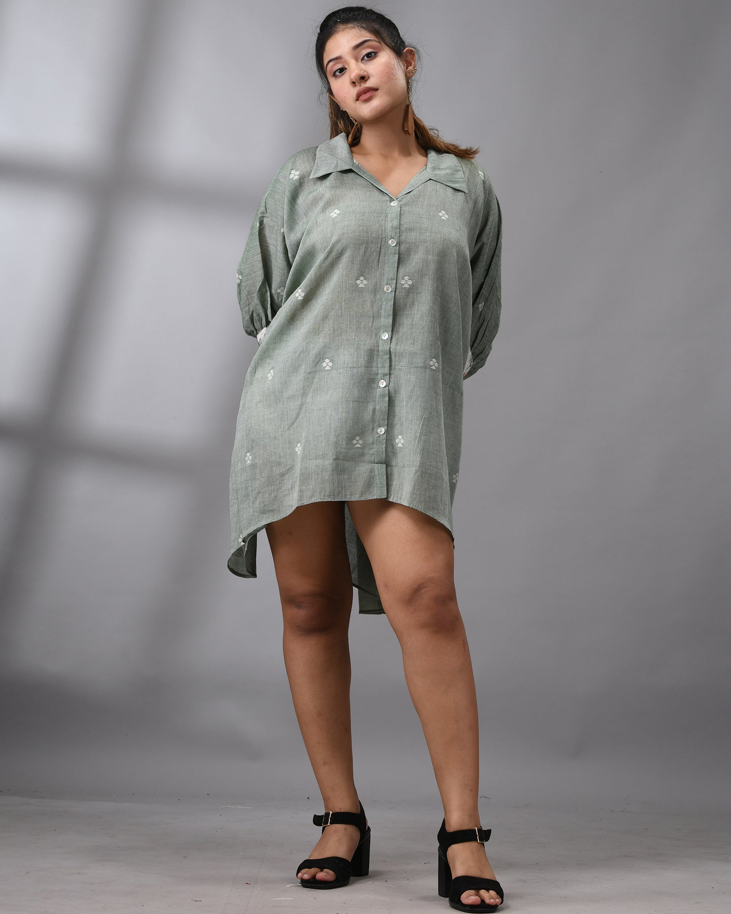 Handloom Jamdani Mint Green Kaftan Regular Shirt Collar Hand Embroidery on Cuff Free size Loose Fit 100% Cotton for Women