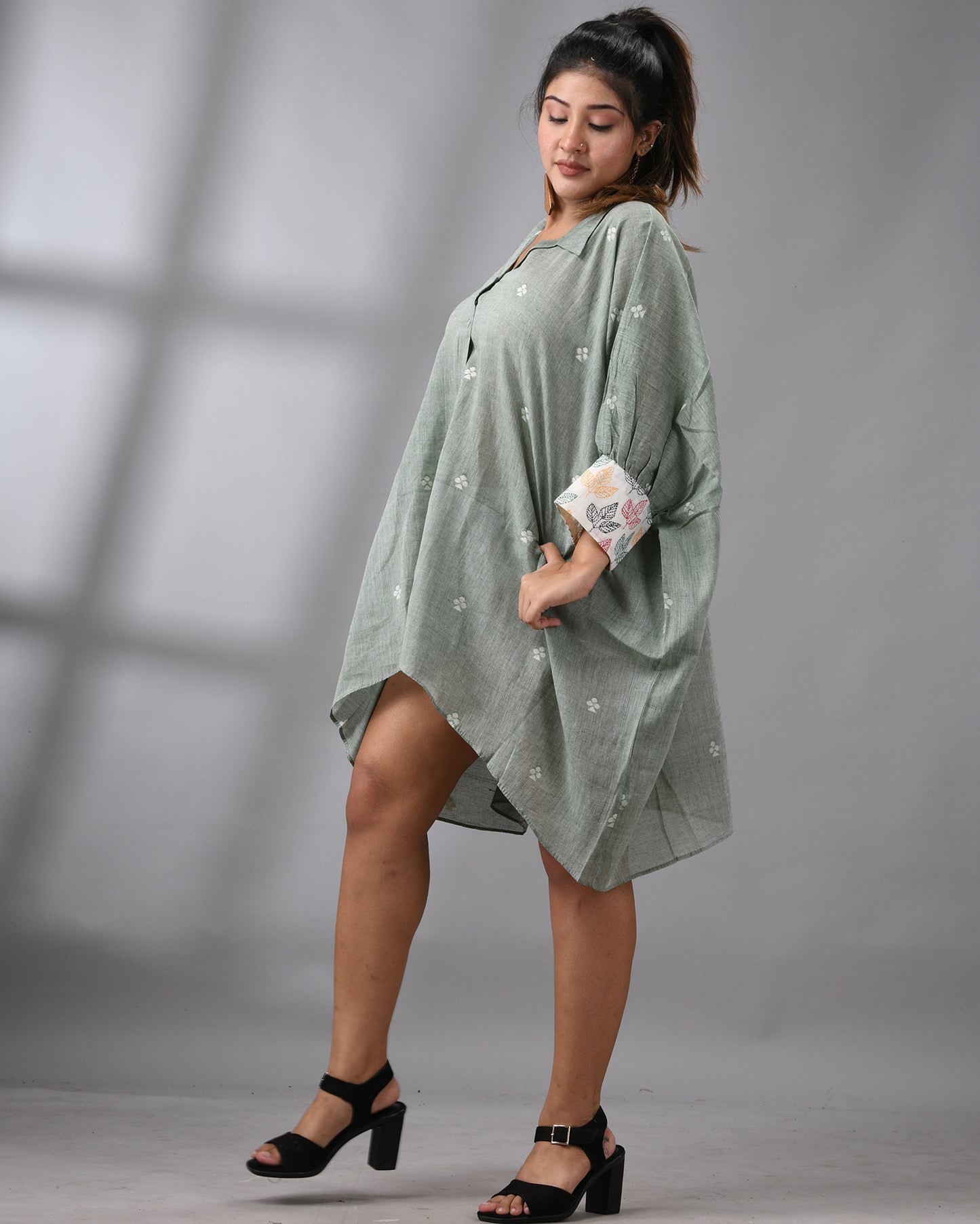 Handloom Jamdani Mint Green Kaftan Regular Shirt Collar Hand Embroidery on Cuff Free size Loose Fit 100% Cotton for Women