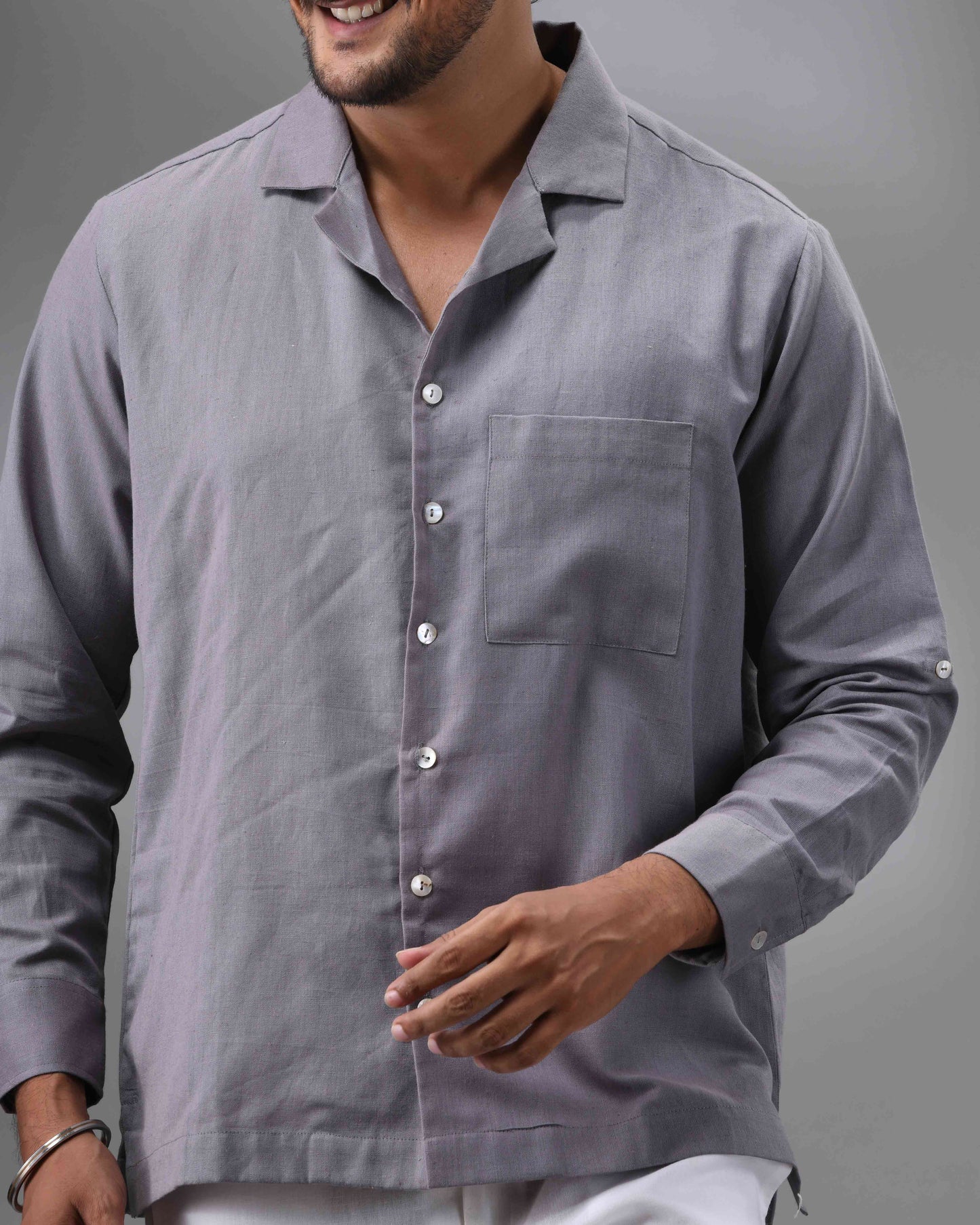 Khadi Grey Full Sleeve Cuban Collar Shirt 100% Cotton for Men (Unisex)