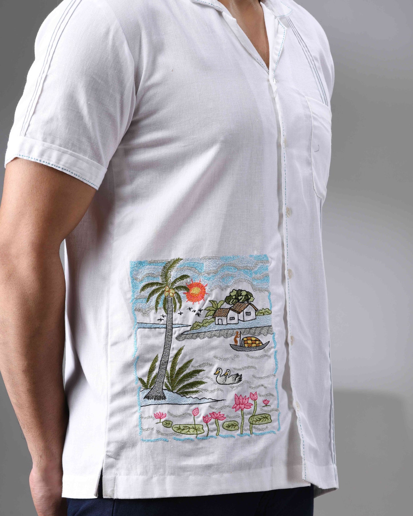 Scenery - Thread Embroidery Half Sleeve Cuban Collar Shirt 100% Cotton for Men (Unisex)