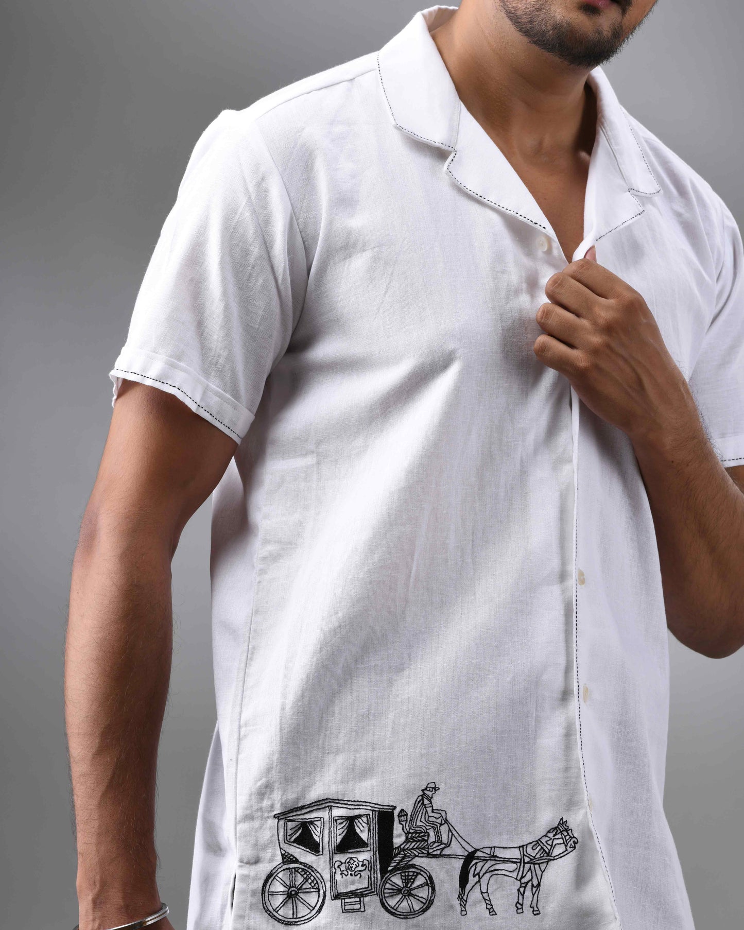 Ekka Gari - Khadi White Thread Embroidery Half Sleeve Cuban Collar Shirt 100% Cotton for Men (Unisex)