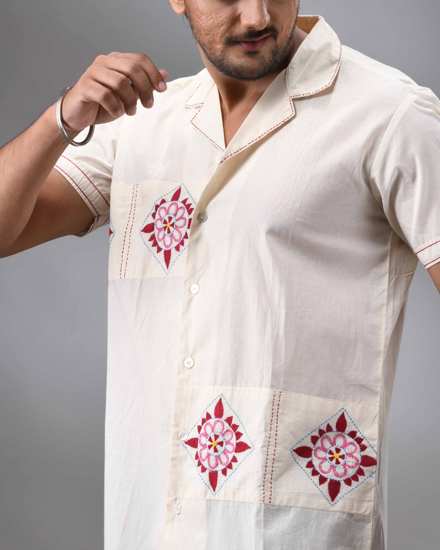 Barfi - Kantha Hand Embroidery Half Sleeve Cuban Collar Shirt 100% Cotton for Men (Unisex)