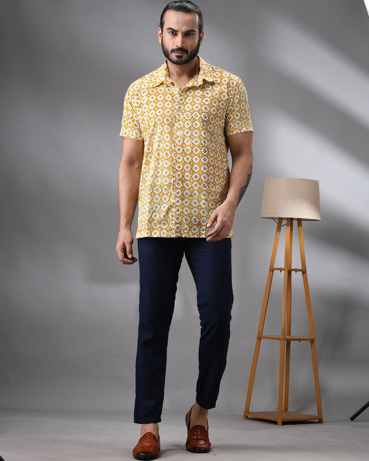 Moroccan Mosaic - Hand Block Print Half Sleeve Regular Collar Shirt 100% Cotton for Men (Unisex)