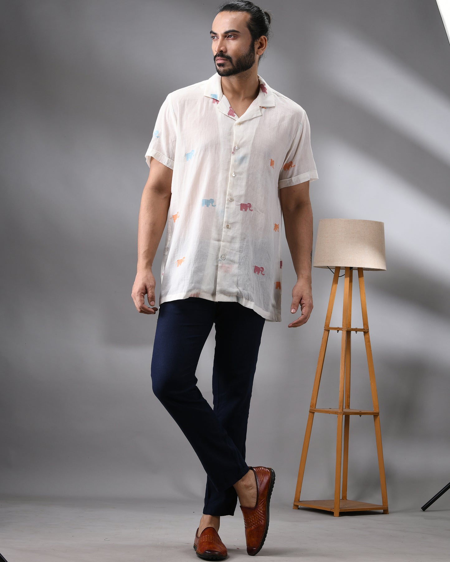 Elephant - Handloom Jamdani Half Sleeve Cuban Collar Shirt 100% Cotton for Men (Unisex)