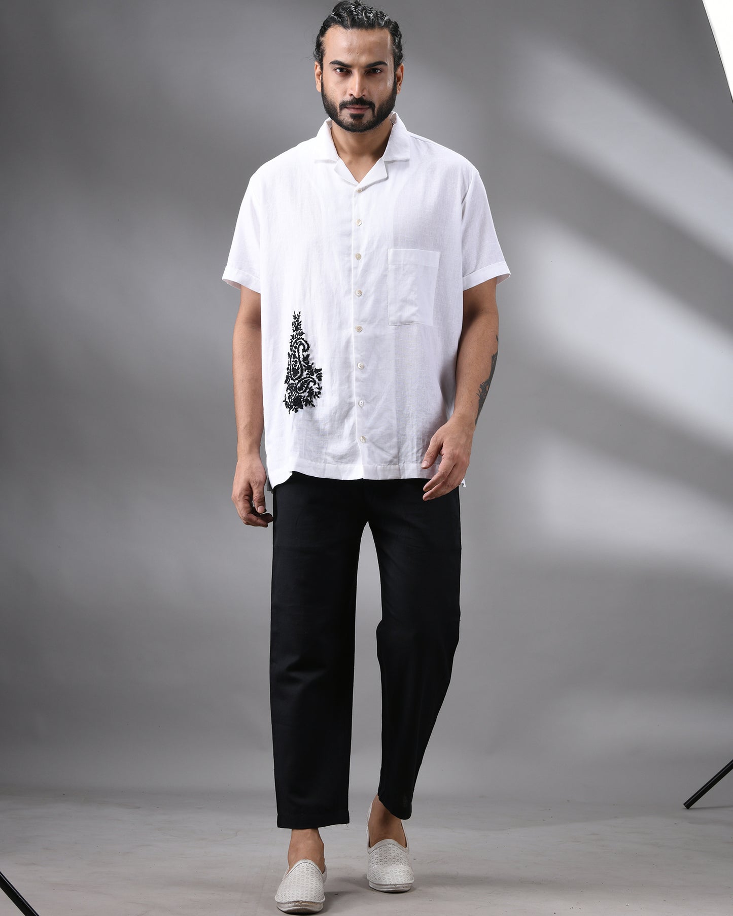 Krishnakali - Parsee Hand Embroidery Half Sleeve Cuban Collar Shirt 100% Cotton for Men (Unisex)