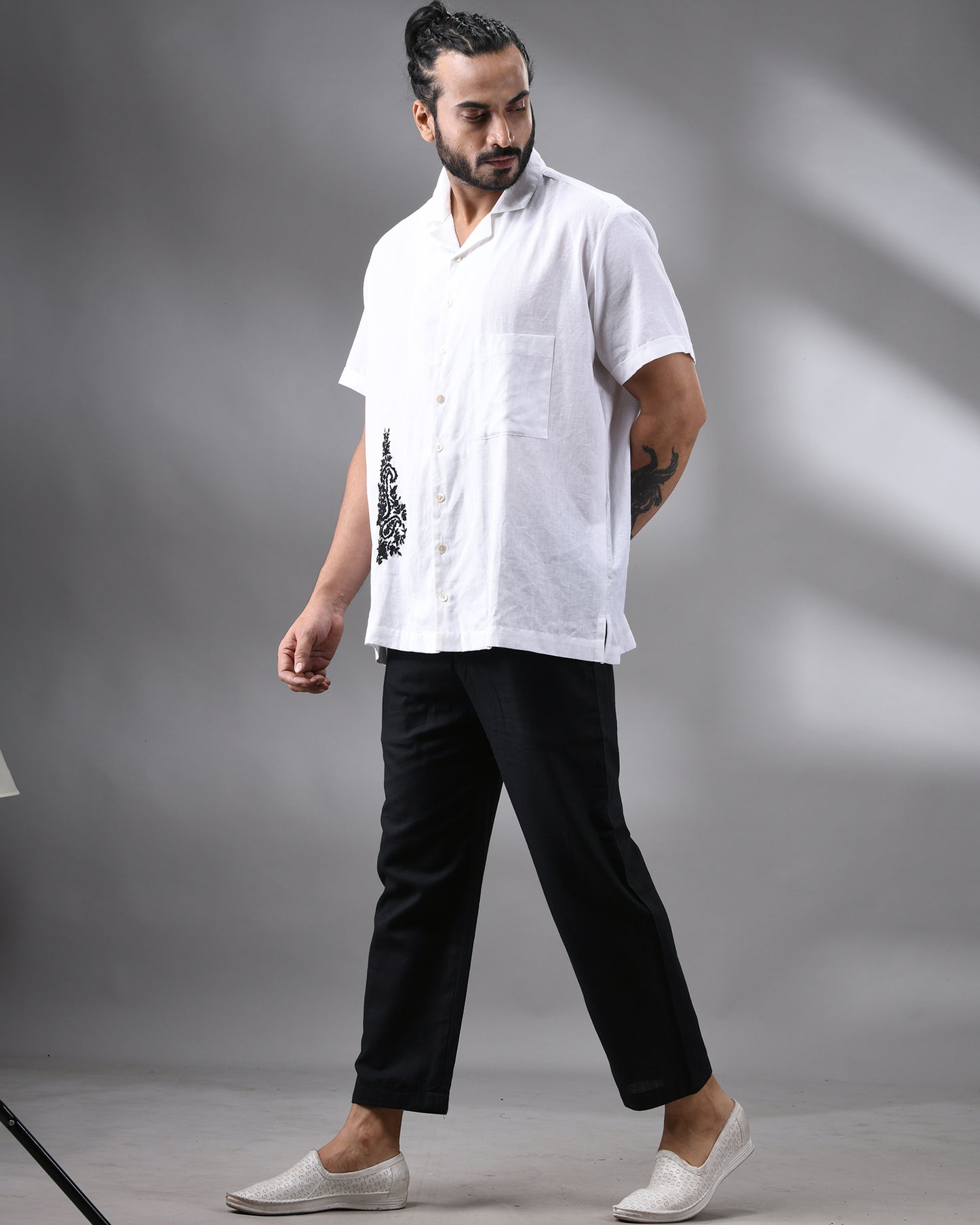 Krishnakali - Parsee Hand Embroidery Half Sleeve Cuban Collar Shirt 100% Cotton for Men (Unisex)