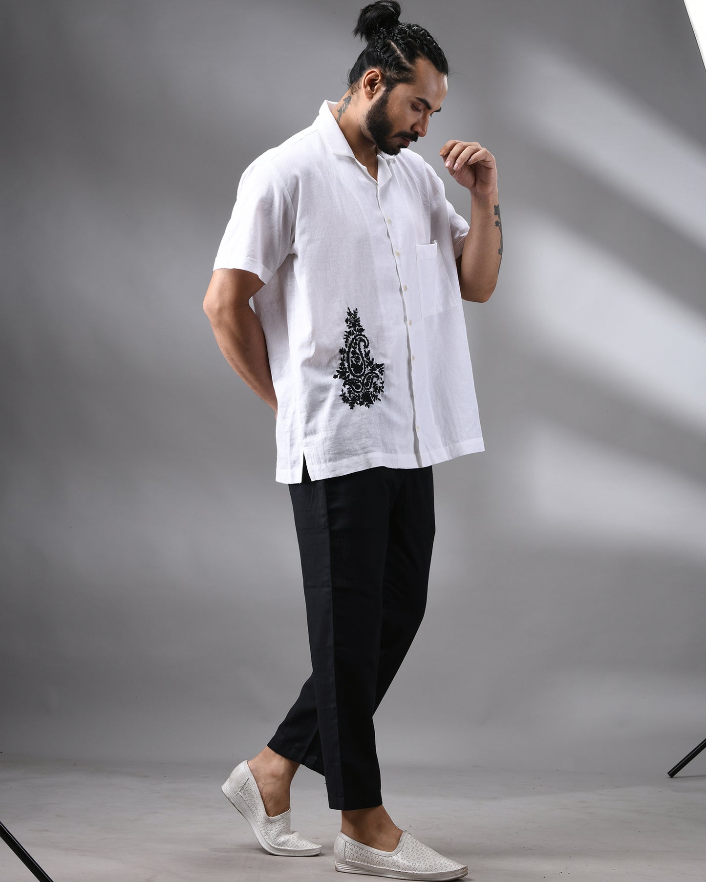Krishnakali - Parsee Hand Embroidery Half Sleeve Cuban Collar Shirt 100% Cotton for Men (Unisex)