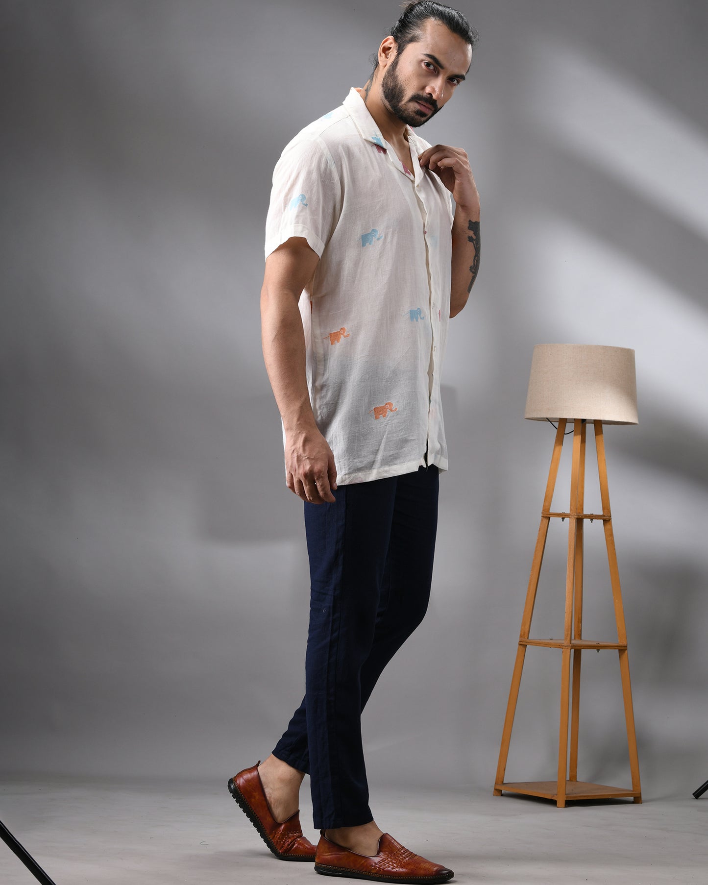 Elephant - Handloom Jamdani Half Sleeve Cuban Collar Shirt 100% Cotton for Men (Unisex)