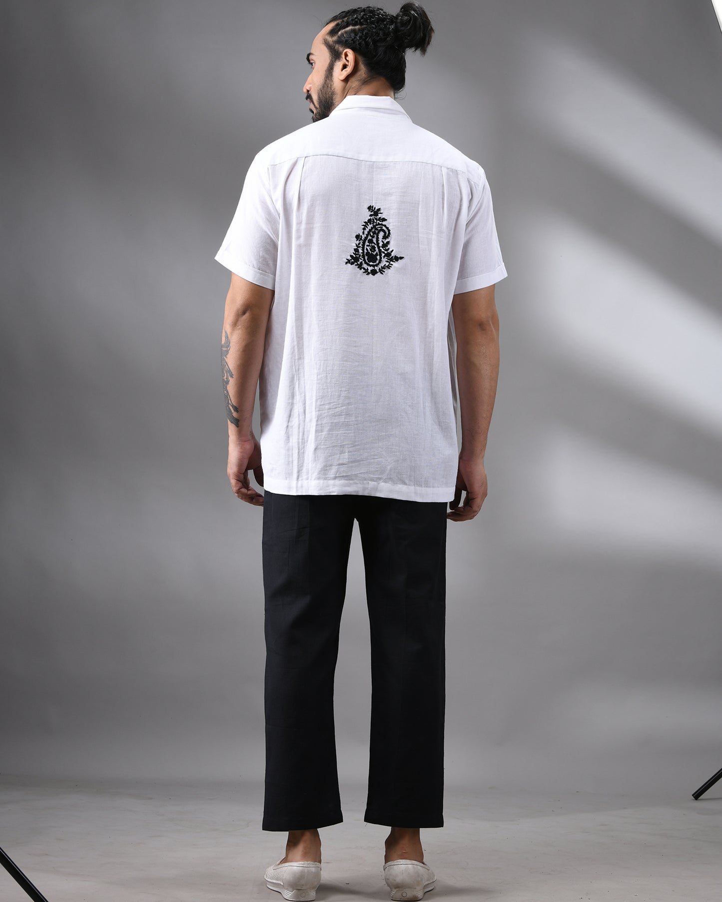 Krishnakali - Parsee Hand Embroidery Half Sleeve Cuban Collar Shirt 100% Cotton for Men (Unisex)