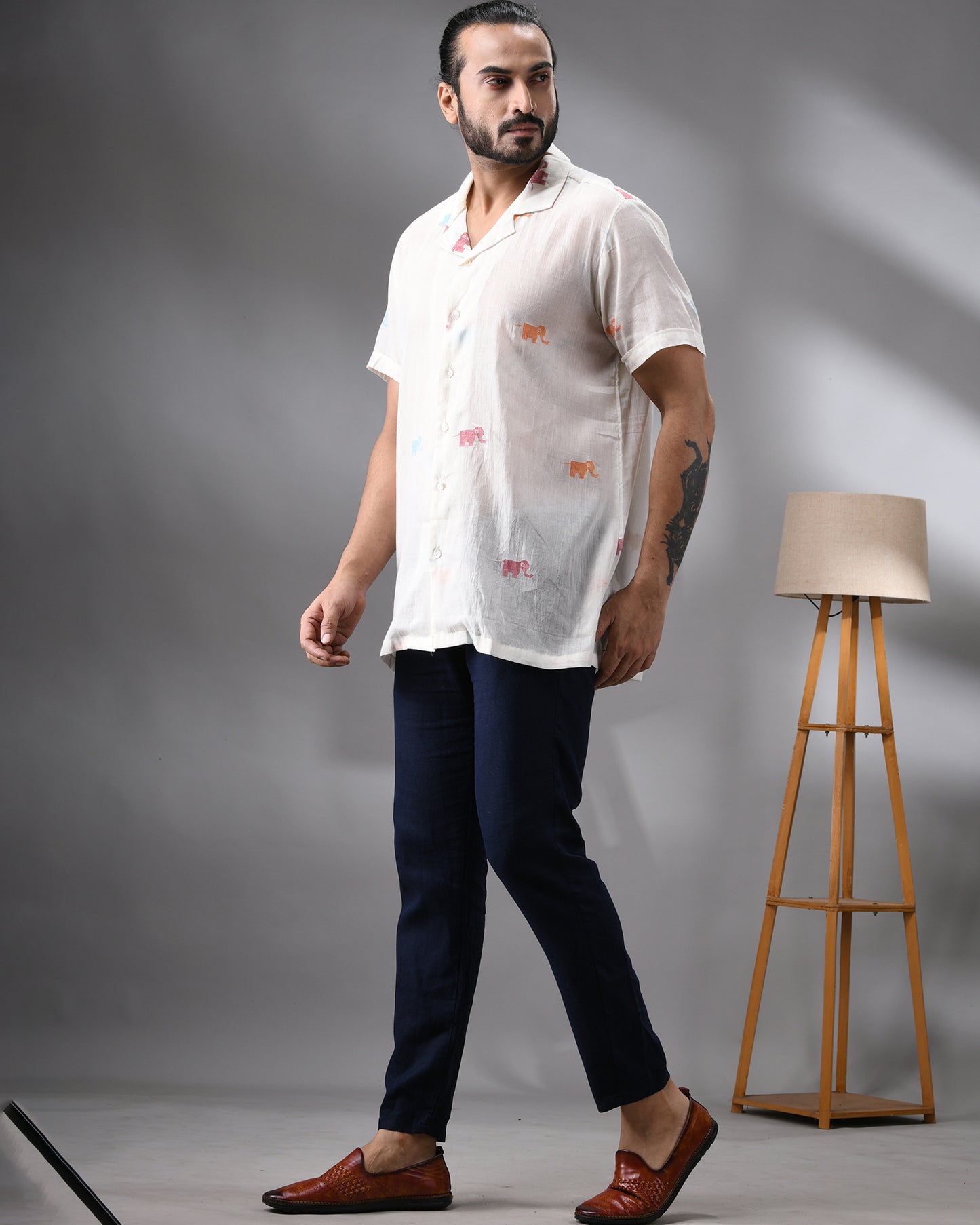 Elephant - Handloom Jamdani Half Sleeve Cuban Collar Shirt 100% Cotton for Men (Unisex)