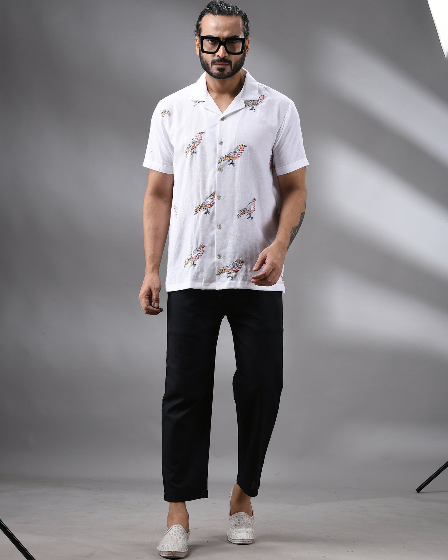 Chorui - Kantha Hand Embroidery Half Sleeve Cuban Collar Shirt 100% Cotton for Men (Unisex)