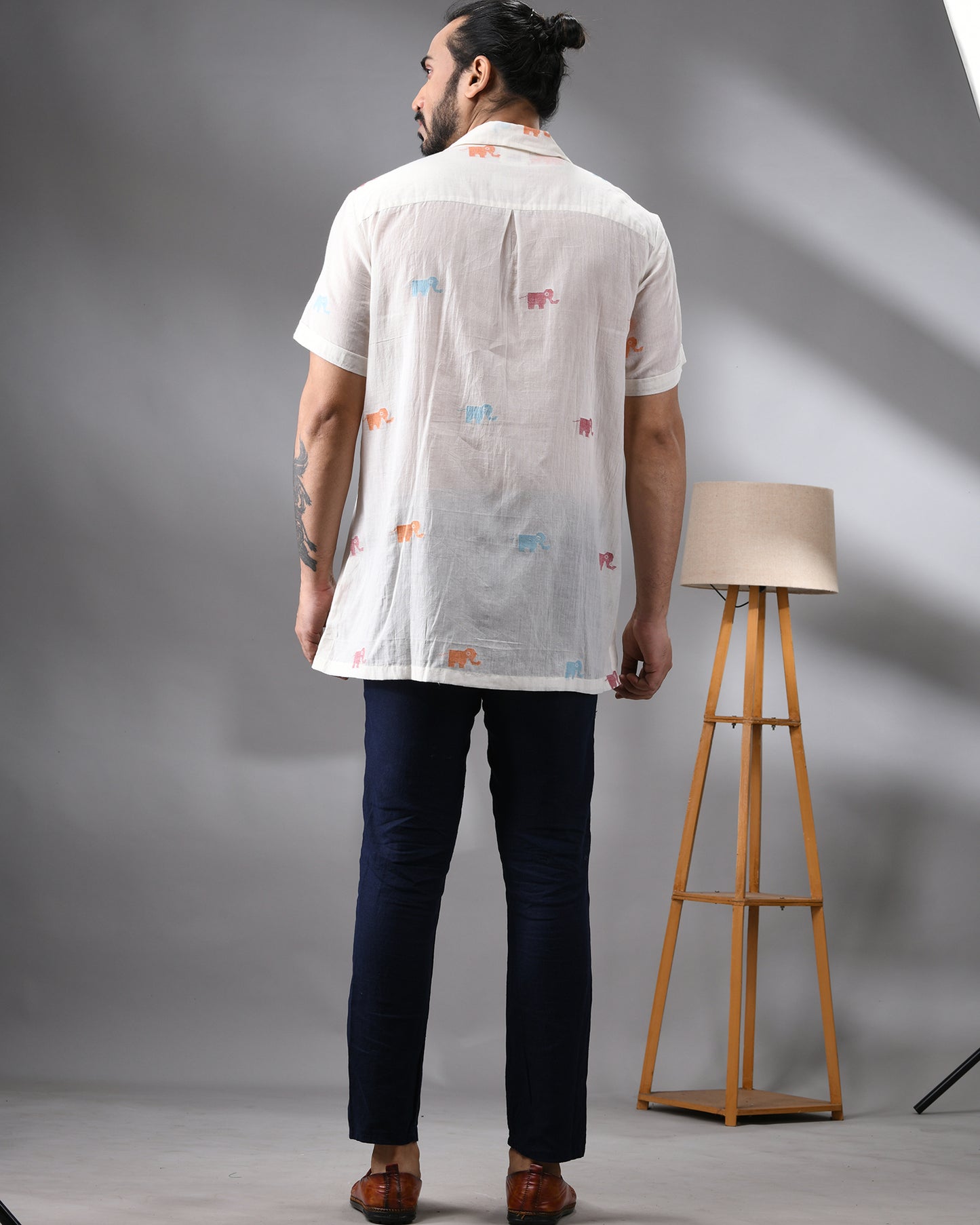 Elephant - Handloom Jamdani Half Sleeve Cuban Collar Shirt 100% Cotton for Men (Unisex)