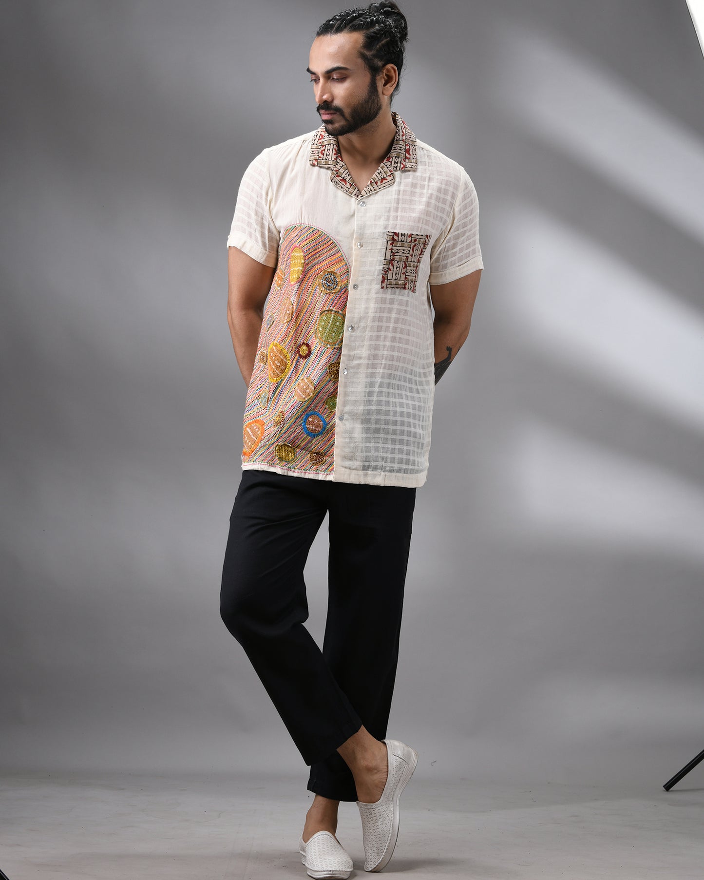Applique - Kantha Hand Embroidery Half Sleeve Cuban Collar Shirt 100% Cotton for Men (Unisex)