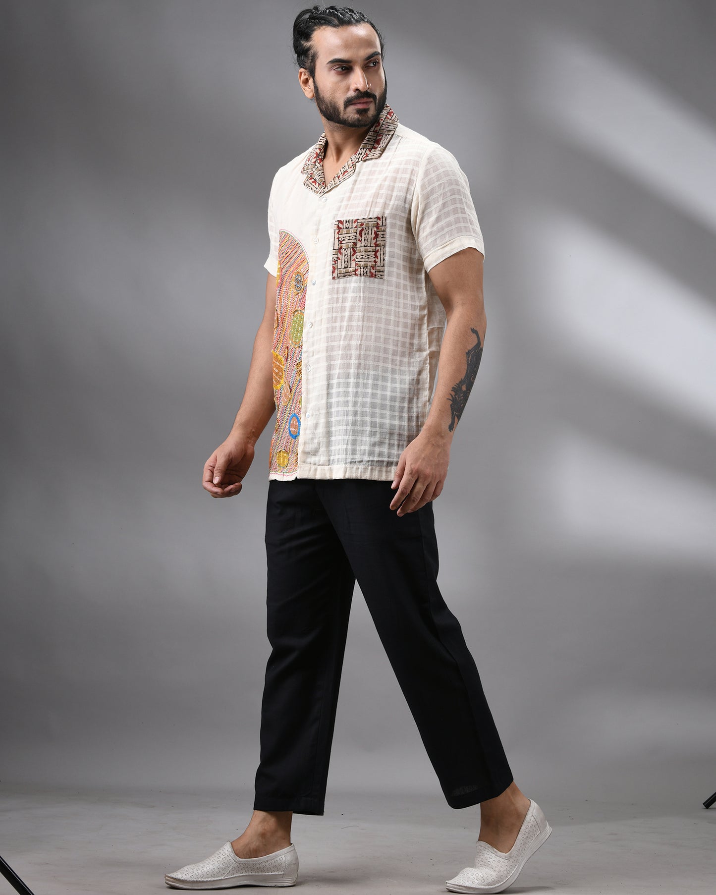 Applique - Kantha Hand Embroidery Half Sleeve Cuban Collar Shirt 100% Cotton for Men (Unisex)