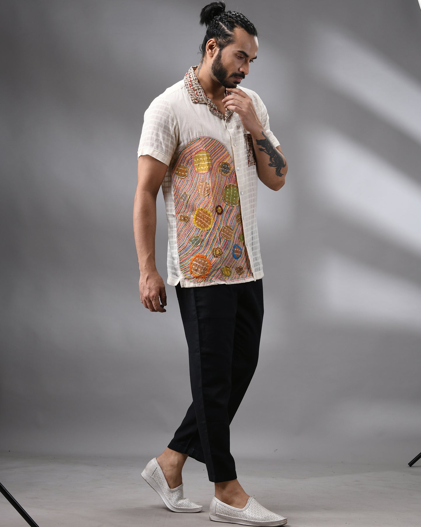 Applique - Kantha Hand Embroidery Half Sleeve Cuban Collar Shirt 100% Cotton for Men (Unisex)