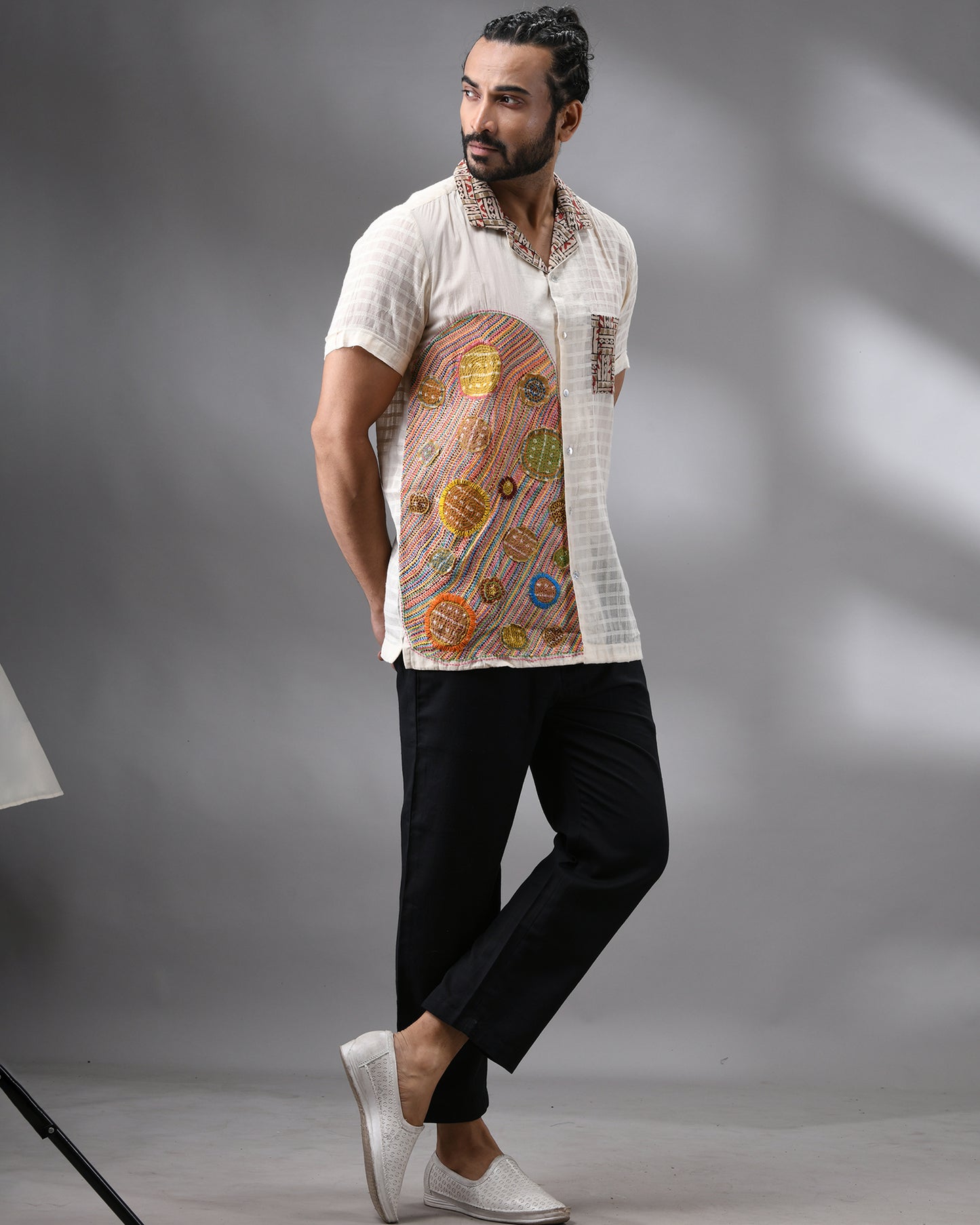 Applique - Kantha Hand Embroidery Half Sleeve Cuban Collar Shirt 100% Cotton for Men (Unisex)