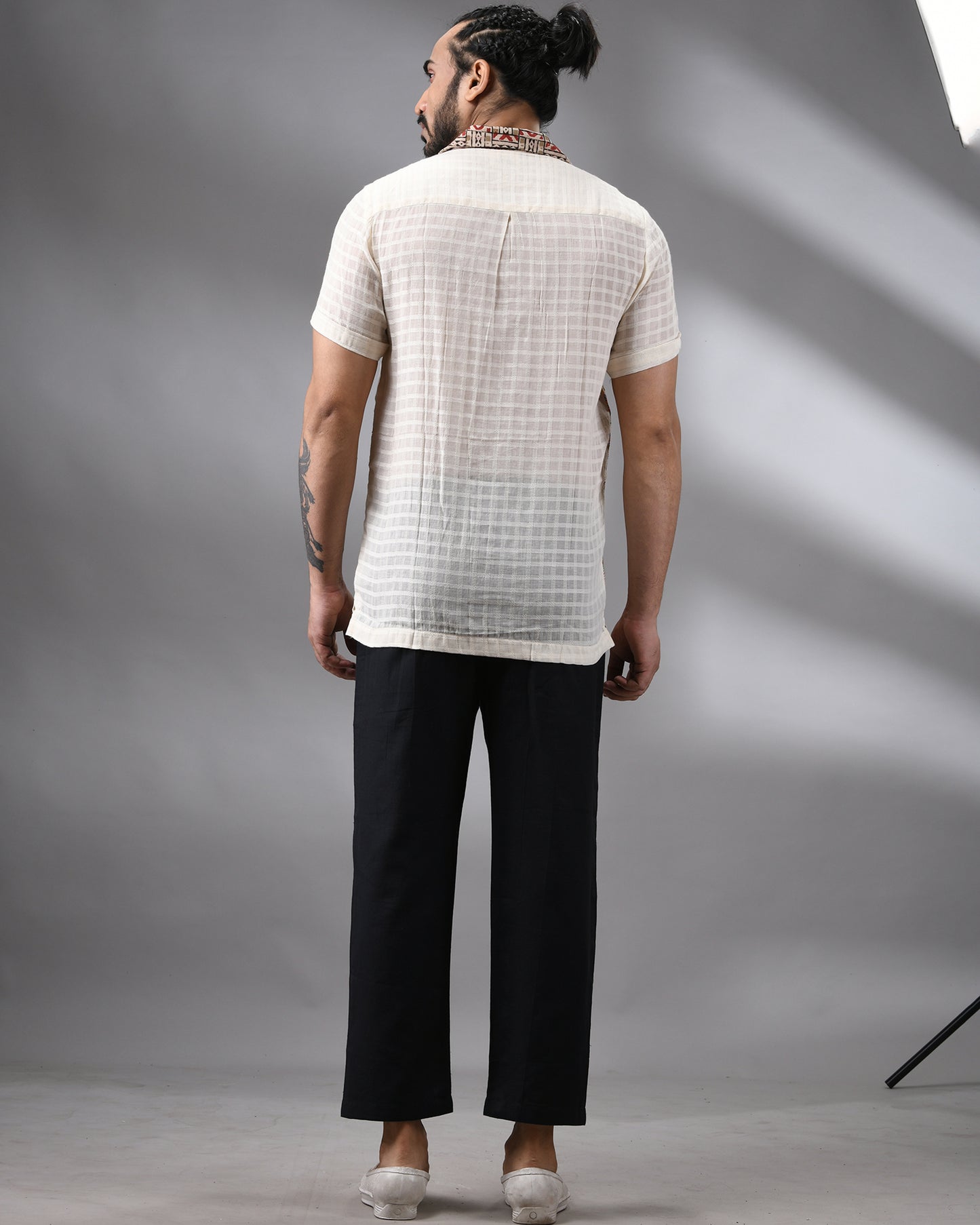 Applique - Kantha Hand Embroidery Half Sleeve Cuban Collar Shirt 100% Cotton for Men (Unisex)