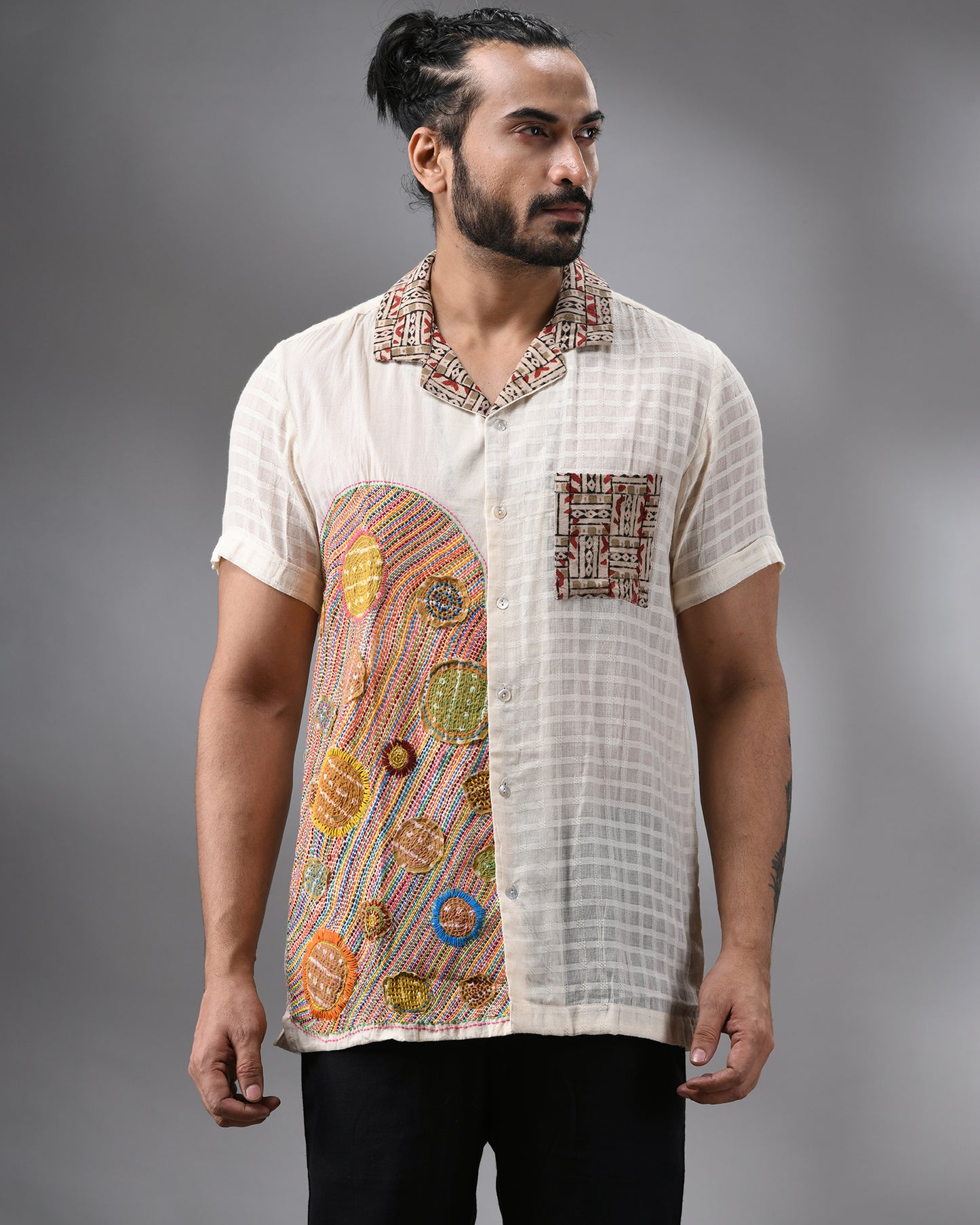 Applique - Kantha Hand Embroidery Half Sleeve Cuban Collar Shirt 100% Cotton for Men (Unisex)