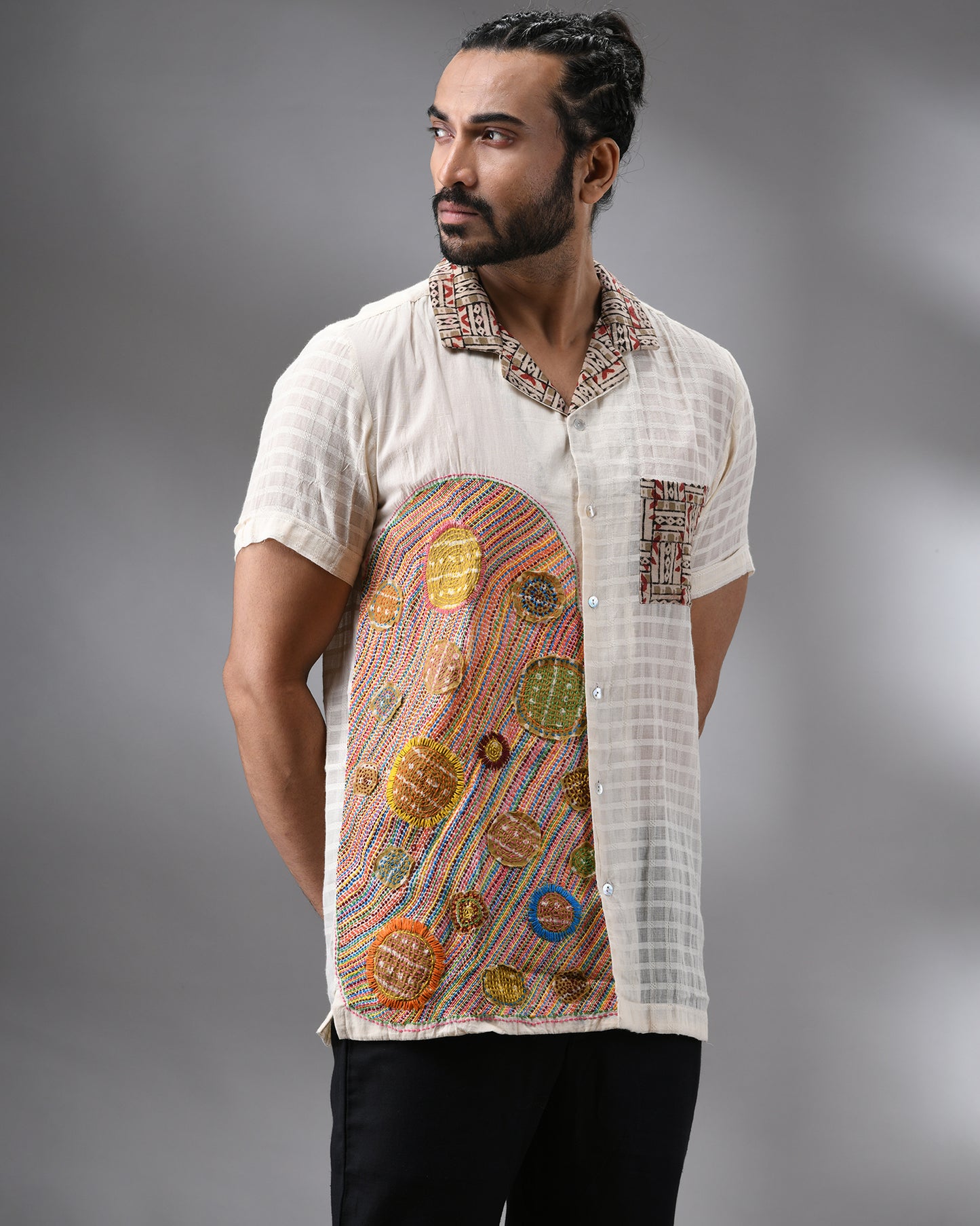 Applique - Kantha Hand Embroidery Half Sleeve Cuban Collar Shirt 100% Cotton for Men (Unisex)