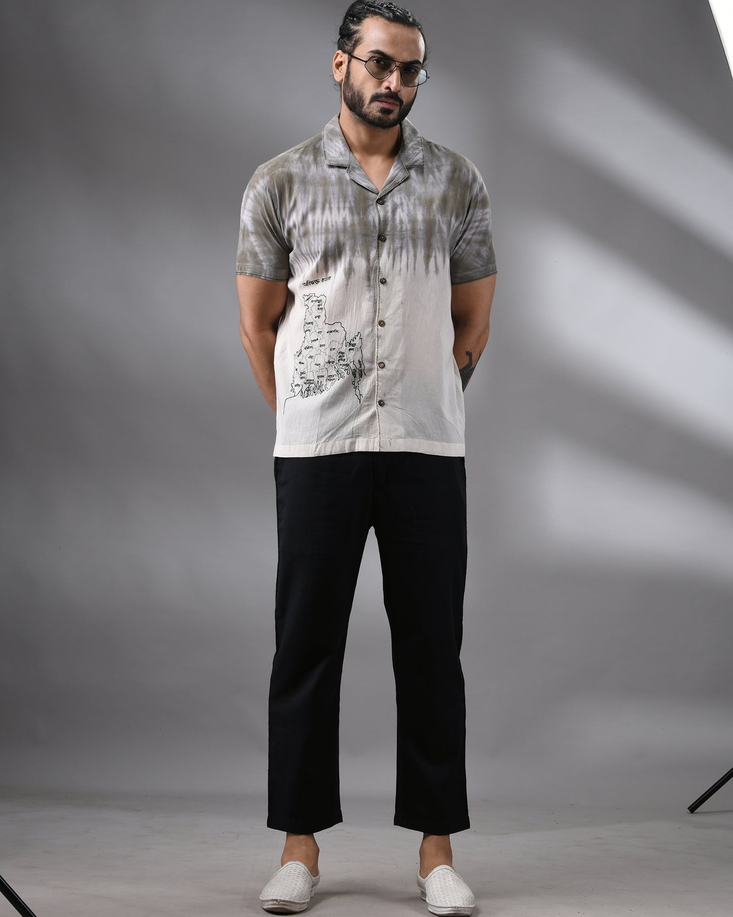 Obibhokto Bangla - Naturally dye Thread Embroidery Half Sleeve Cuban Collar Shirt 100% Cotton for Men (Unisex)