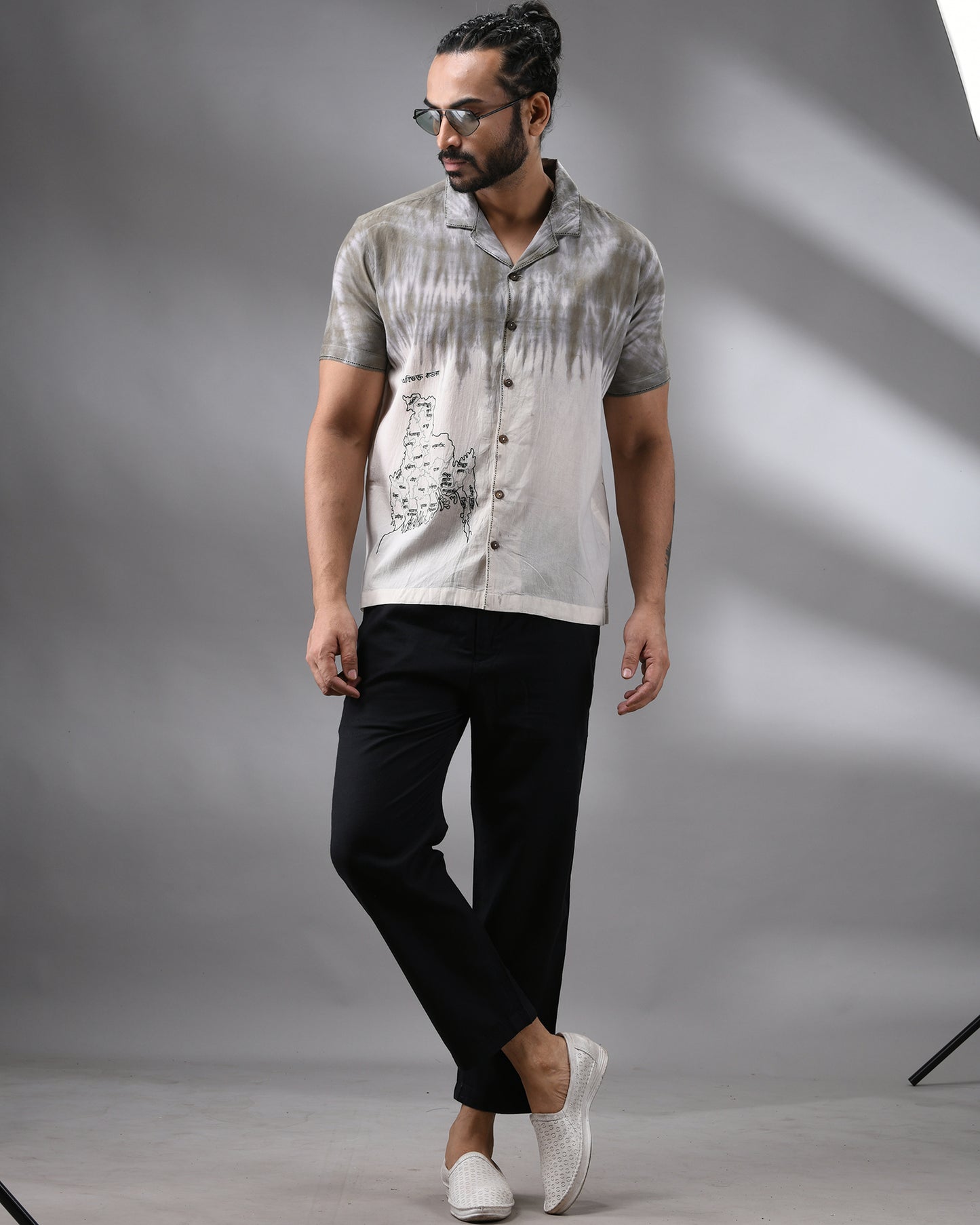 Obibhokto Bangla - Naturally dye Thread Embroidery Half Sleeve Cuban Collar Shirt 100% Cotton for Men (Unisex)