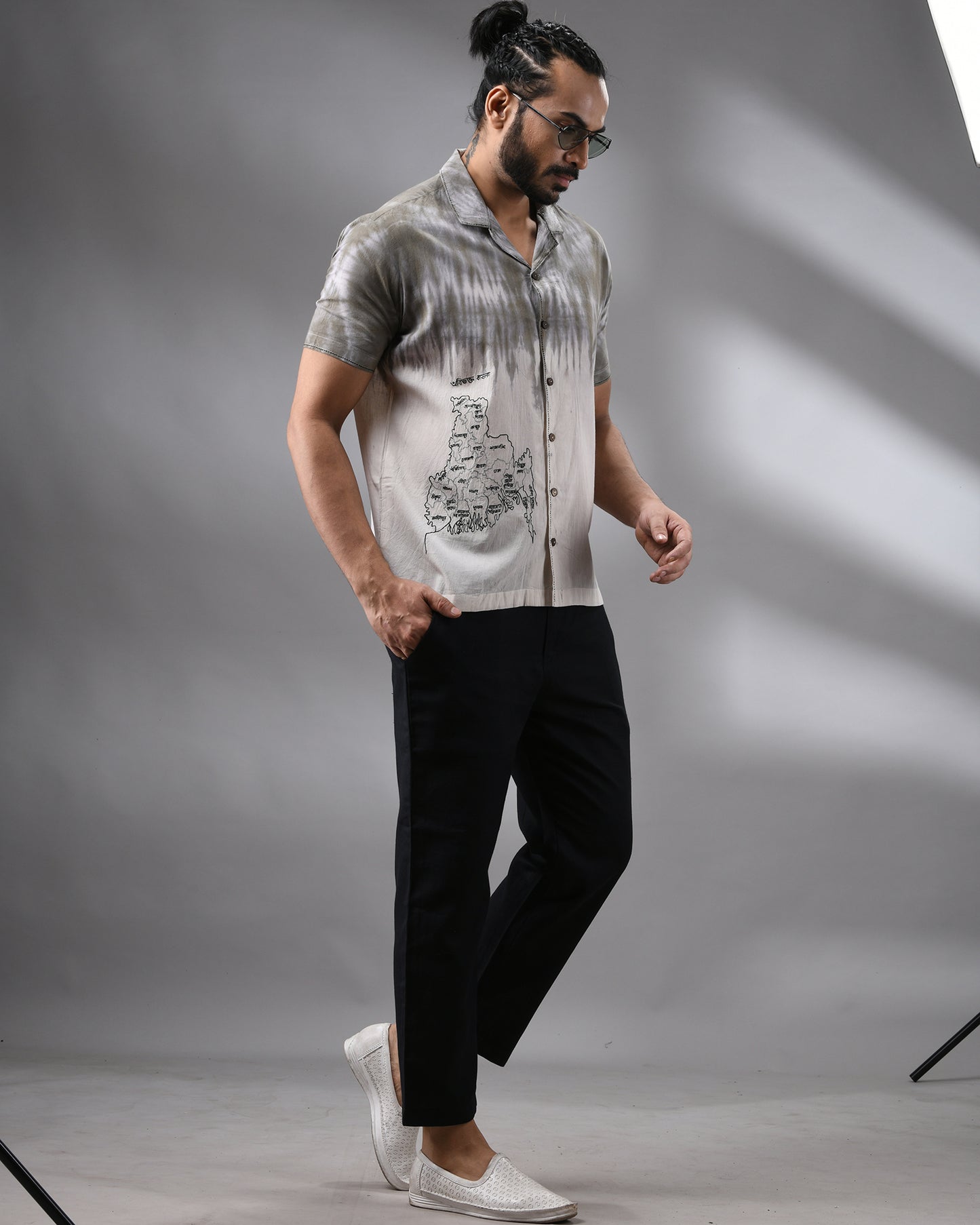 Obibhokto Bangla - Naturally dye Thread Embroidery Half Sleeve Cuban Collar Shirt 100% Cotton for Men (Unisex)