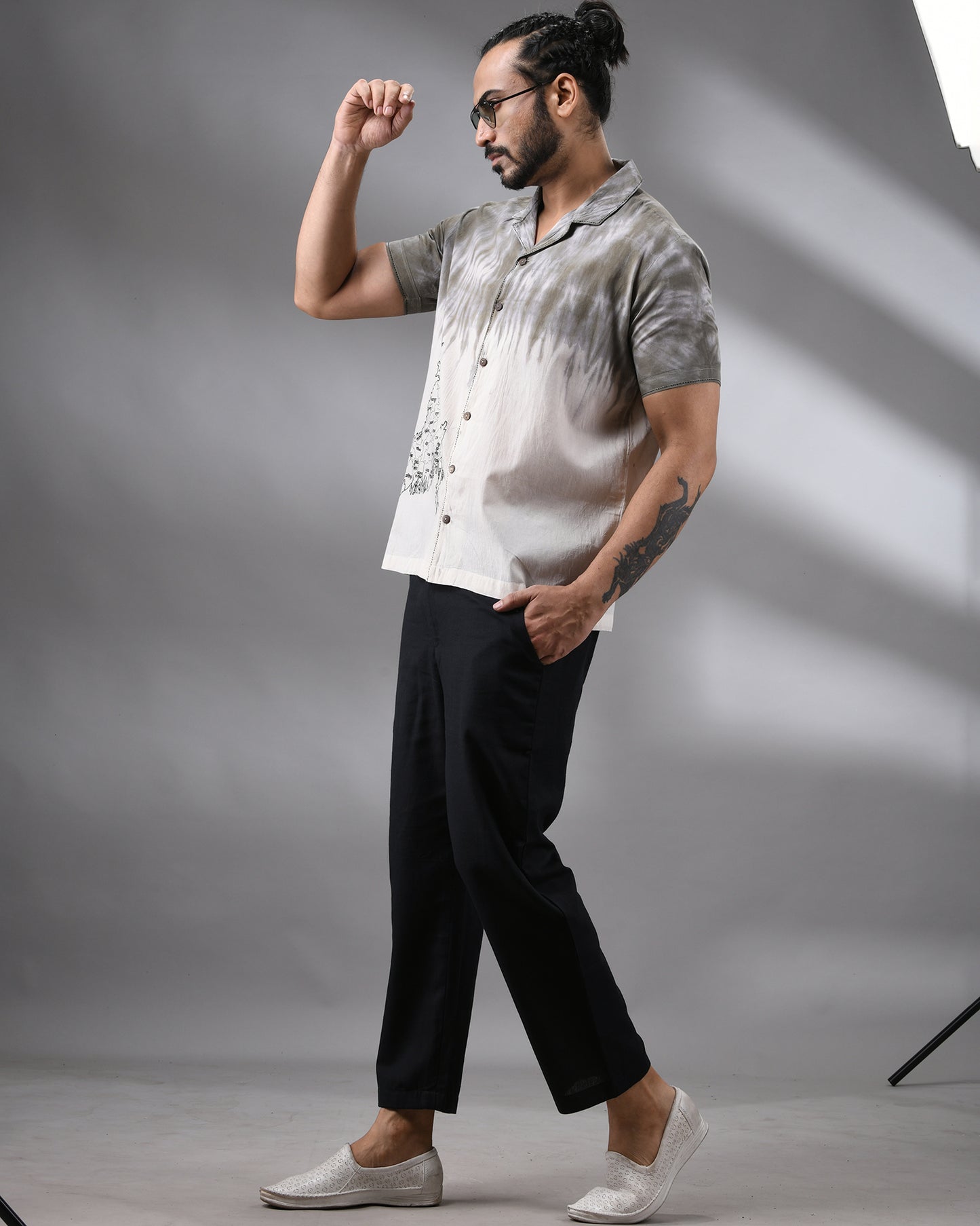 Obibhokto Bangla - Naturally dye Thread Embroidery Half Sleeve Cuban Collar Shirt 100% Cotton for Men (Unisex)