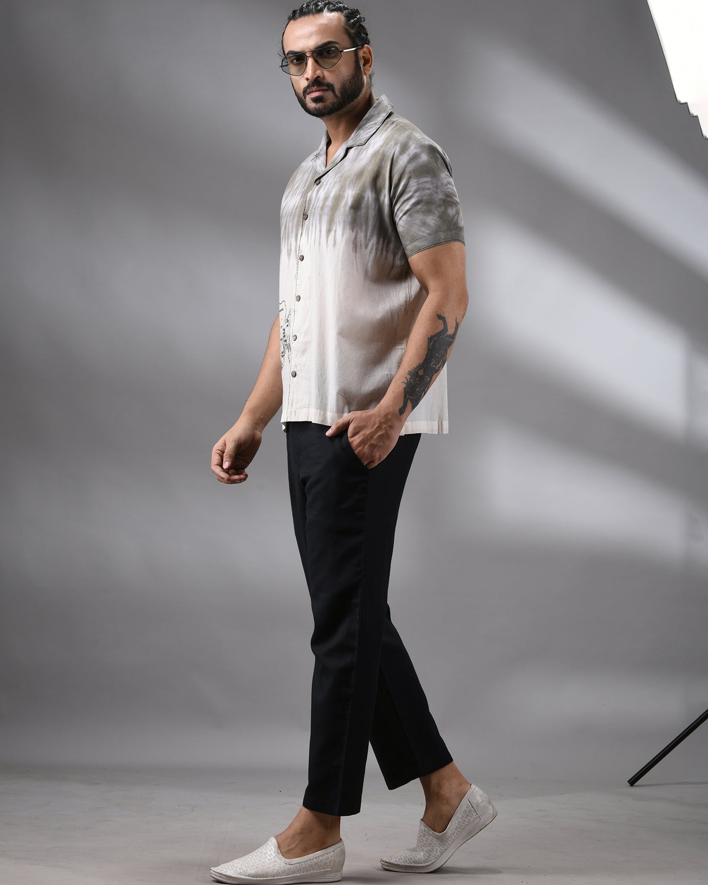 Obibhokto Bangla - Naturally dye Thread Embroidery Half Sleeve Cuban Collar Shirt 100% Cotton for Men (Unisex)