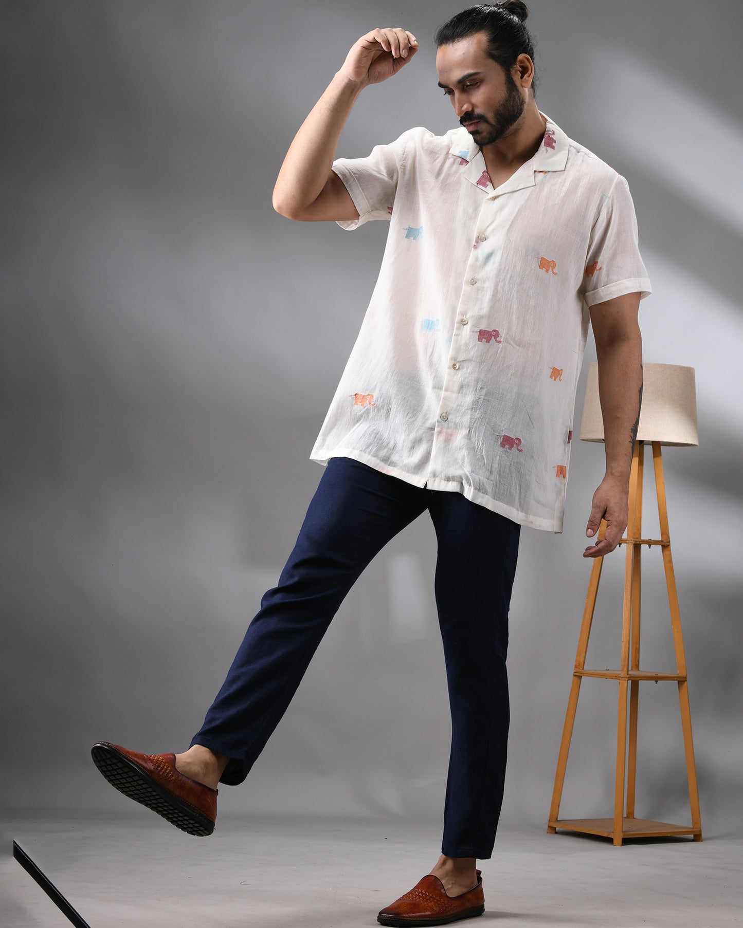 Elephant - Handloom Jamdani Half Sleeve Cuban Collar Shirt 100% Cotton for Men (Unisex)
