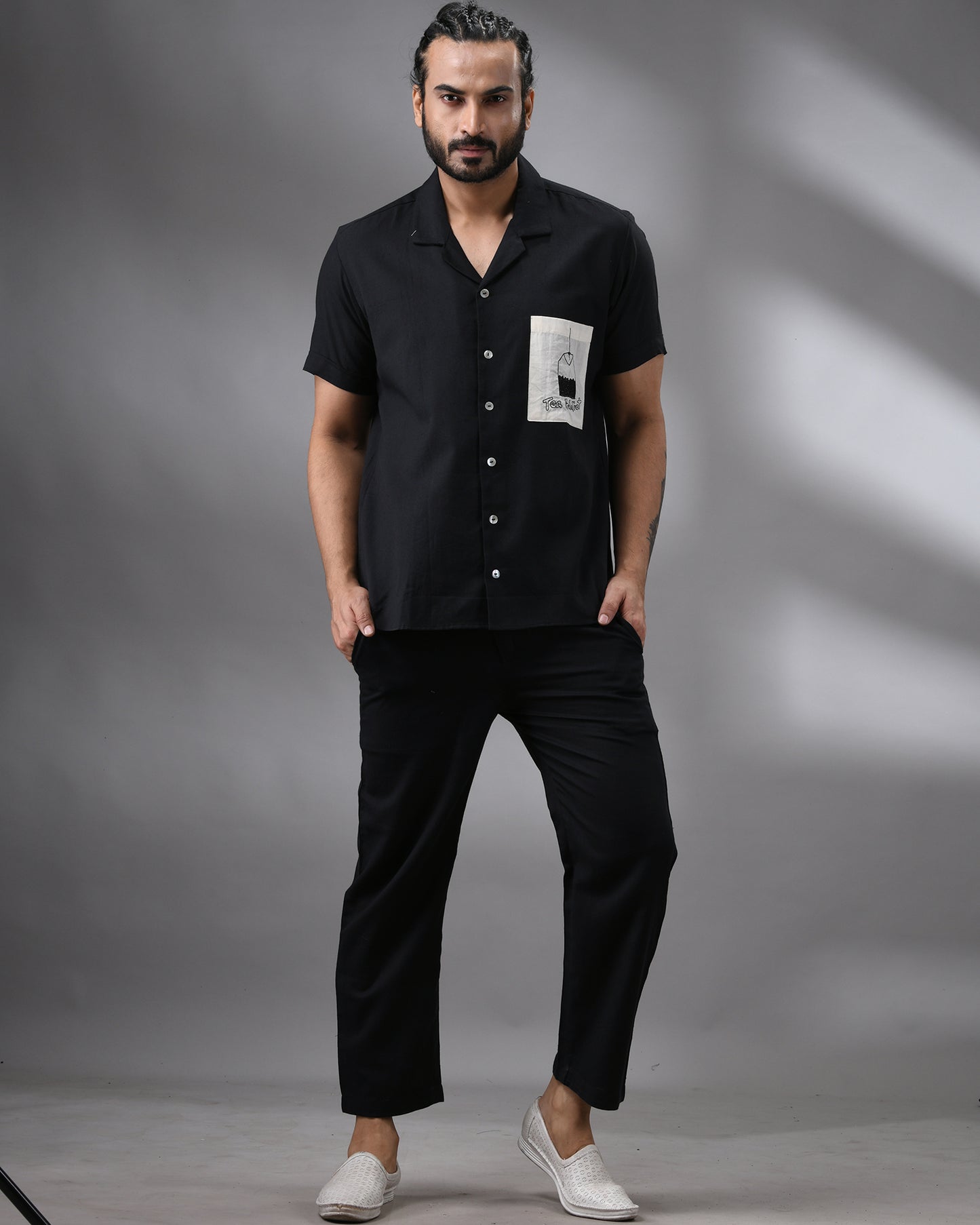 Tea Addict - Khadi Black Thread Embroidery Half Sleeve Cuban Collar Shirt 100% Cotton for Men (Unisex)
