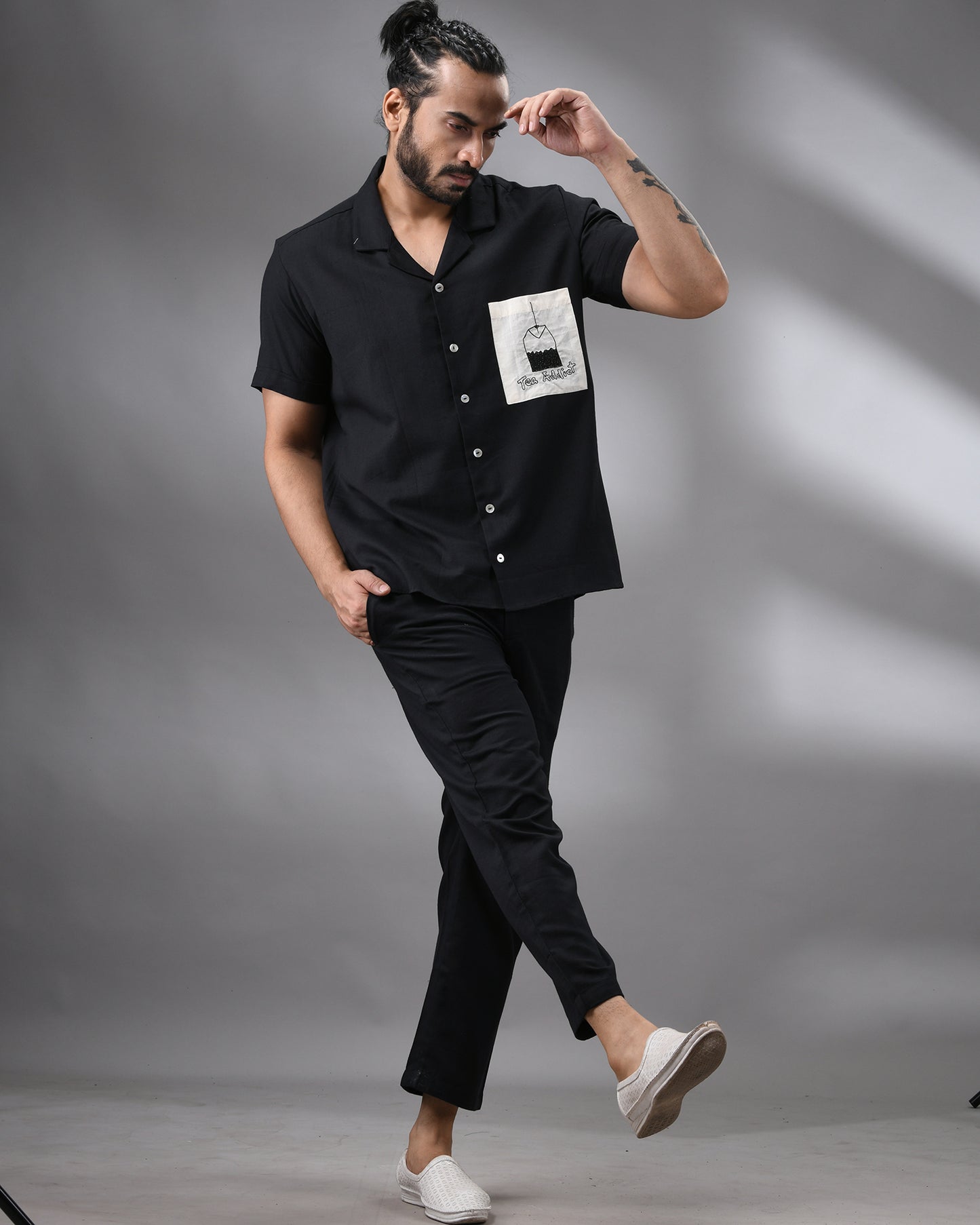 Tea Addict - Khadi Black Thread Embroidery Half Sleeve Cuban Collar Shirt 100% Cotton for Men (Unisex)