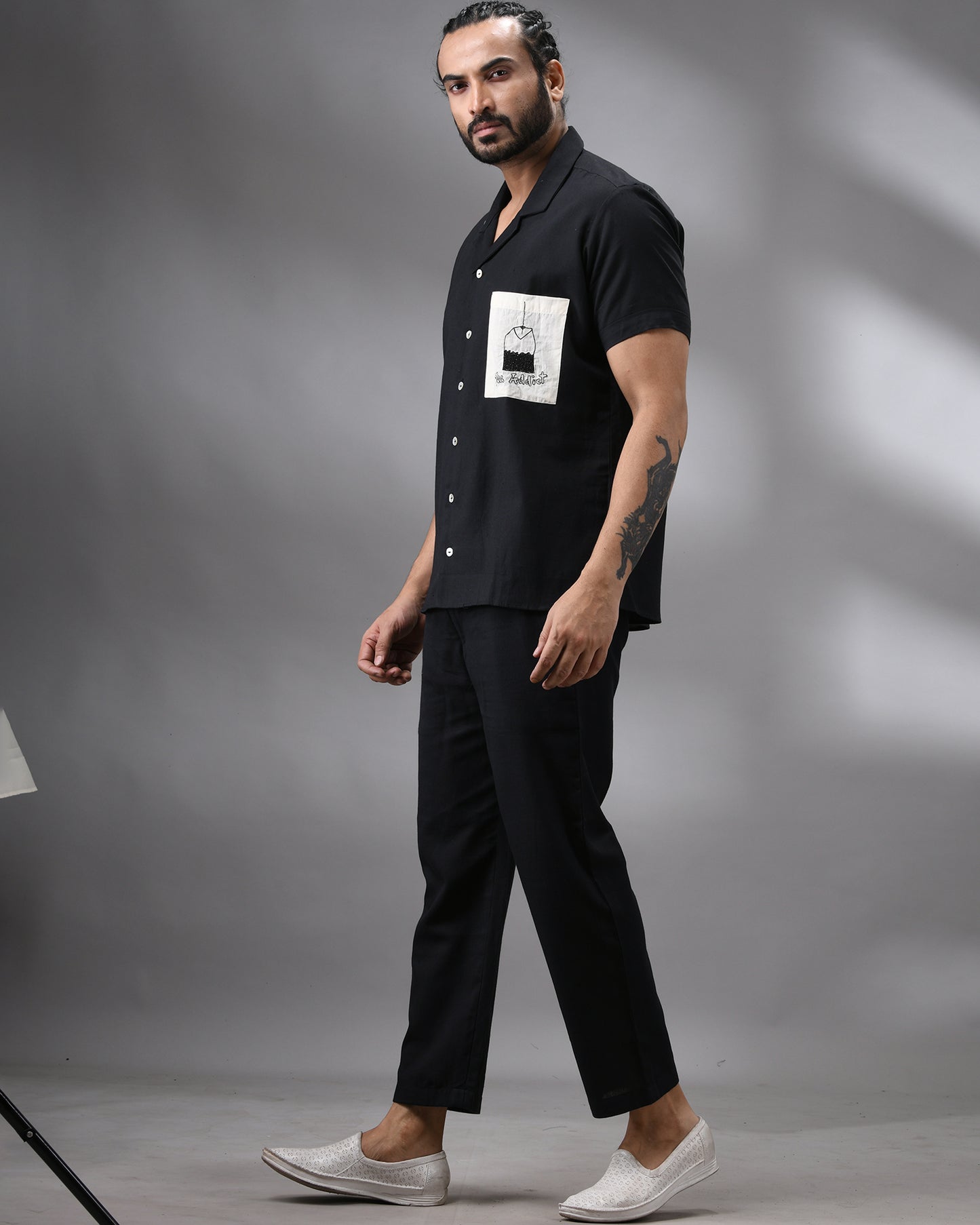 Tea Addict - Khadi Black Thread Embroidery Half Sleeve Cuban Collar Shirt 100% Cotton for Men (Unisex)