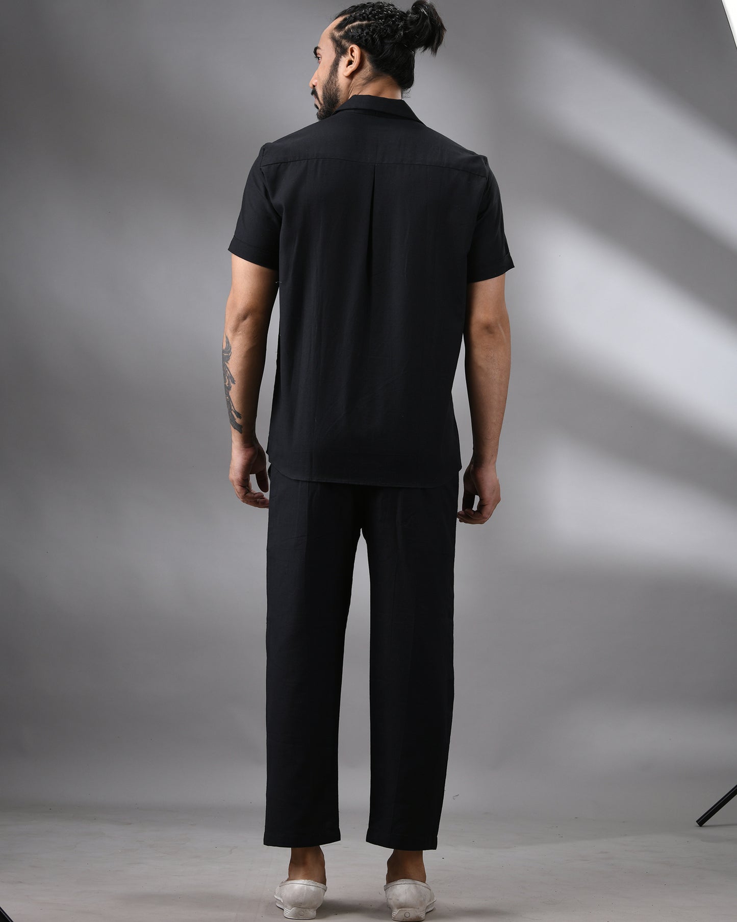 Tea Addict - Khadi Black Thread Embroidery Half Sleeve Cuban Collar Shirt 100% Cotton for Men (Unisex)
