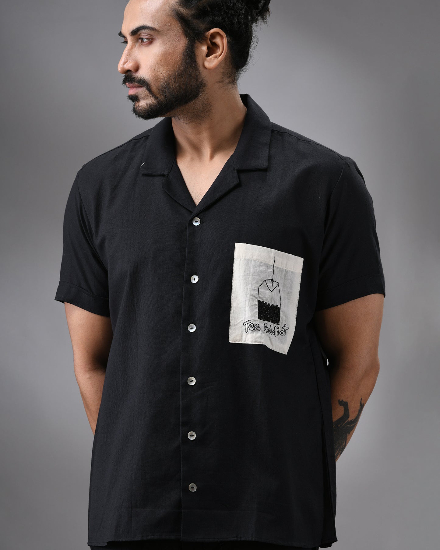 Tea Addict - Khadi Black Thread Embroidery Half Sleeve Cuban Collar Shirt 100% Cotton for Men (Unisex)
