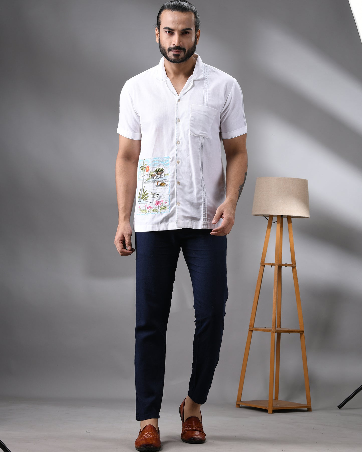 Scenery - Thread Embroidery Half Sleeve Cuban Collar Shirt 100% Cotton for Men (Unisex)