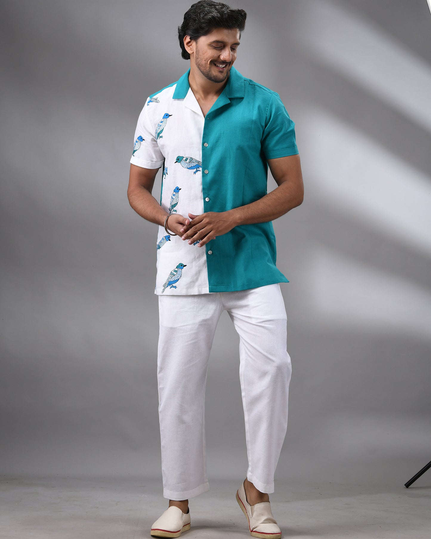 Neel Chorui - Kantha Hand Embroidery Half Sleeve Cuban Collar Shirt 100% Cotton for Men (Unisex)