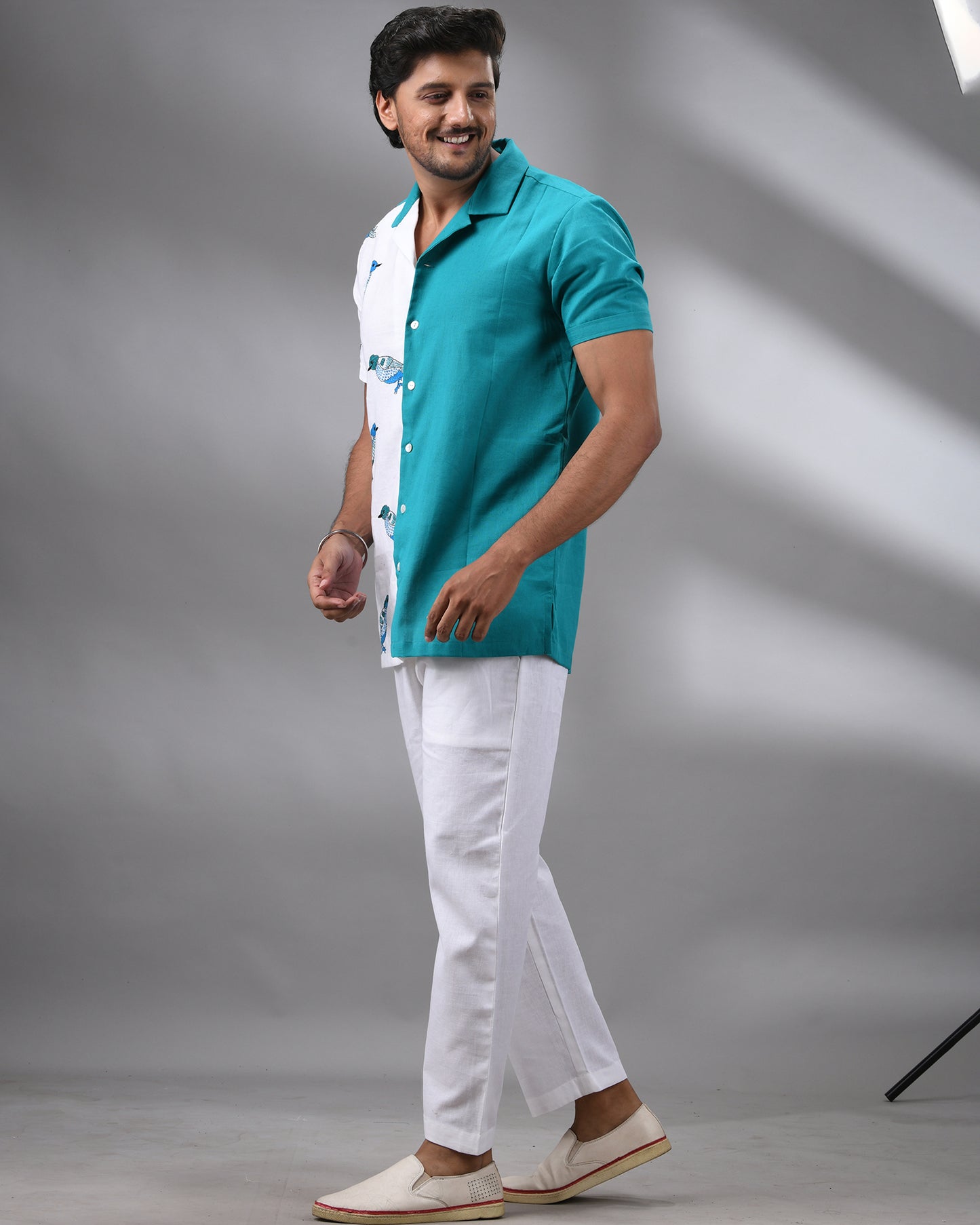 Neel Chorui - Kantha Hand Embroidery Half Sleeve Cuban Collar Shirt 100% Cotton for Men (Unisex)