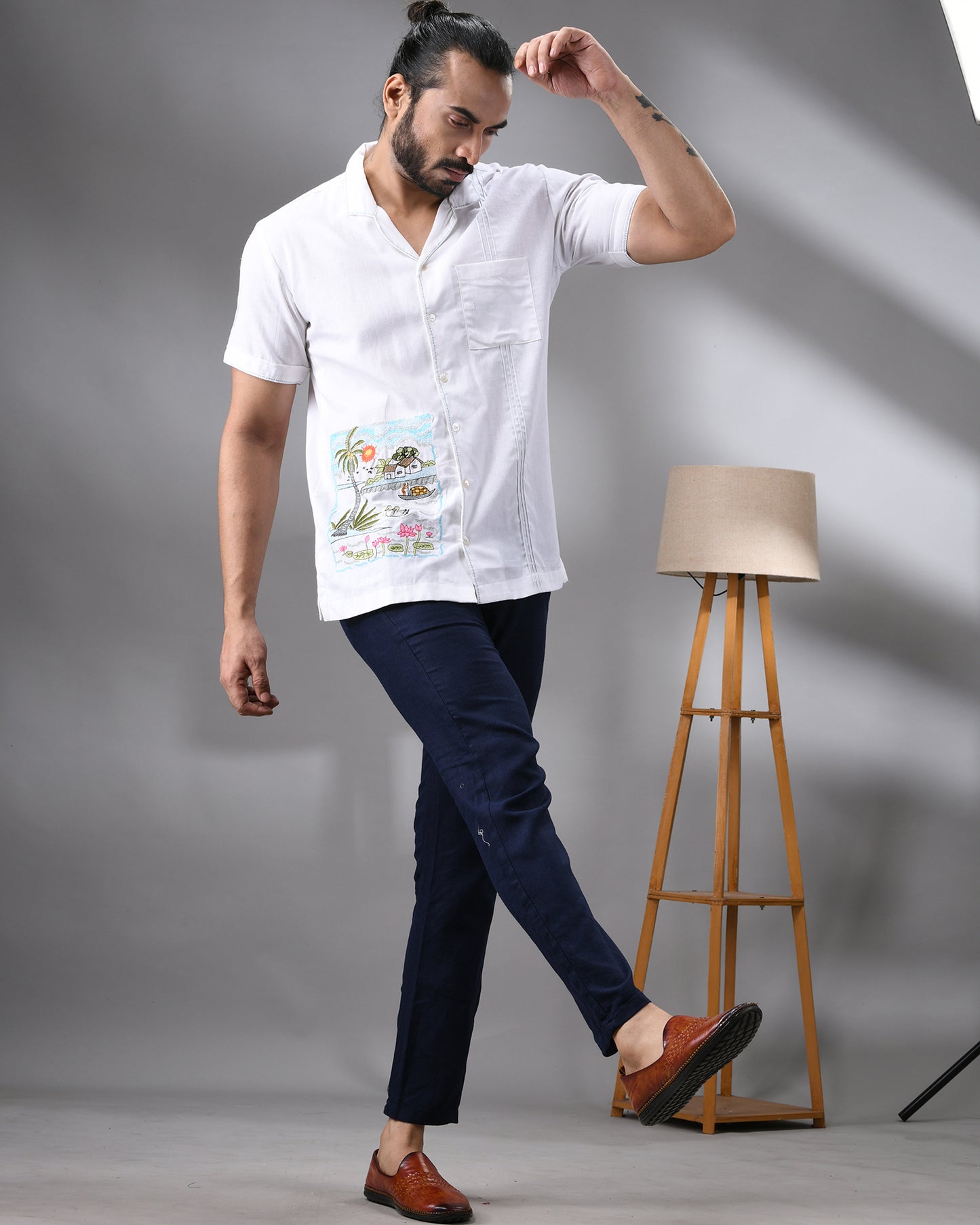 Scenery - Thread Embroidery Half Sleeve Cuban Collar Shirt 100% Cotton for Men (Unisex)