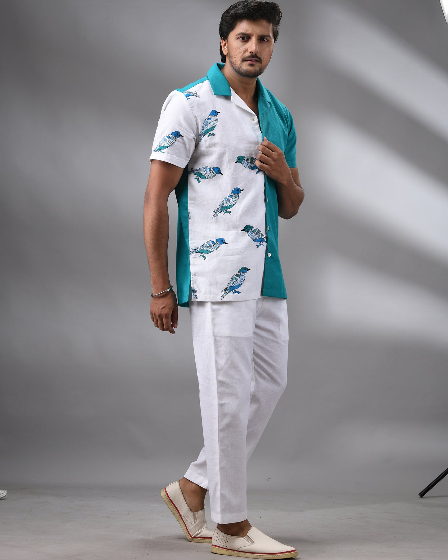 Neel Chorui - Kantha Hand Embroidery Half Sleeve Cuban Collar Shirt 100% Cotton for Men (Unisex)