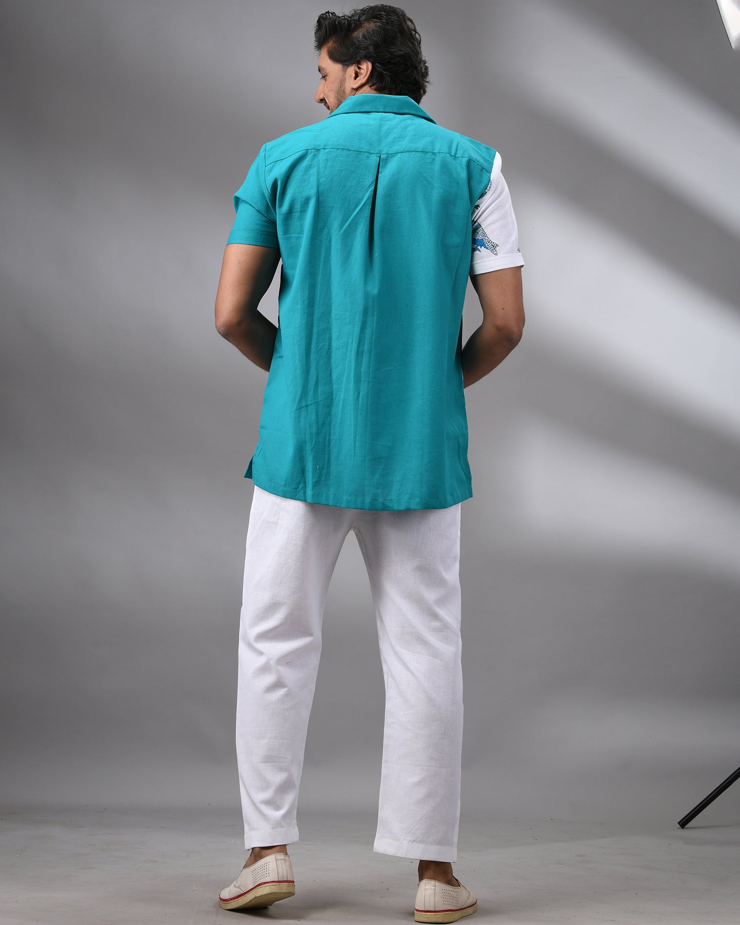 Neel Chorui - Kantha Hand Embroidery Half Sleeve Cuban Collar Shirt 100% Cotton for Men (Unisex)