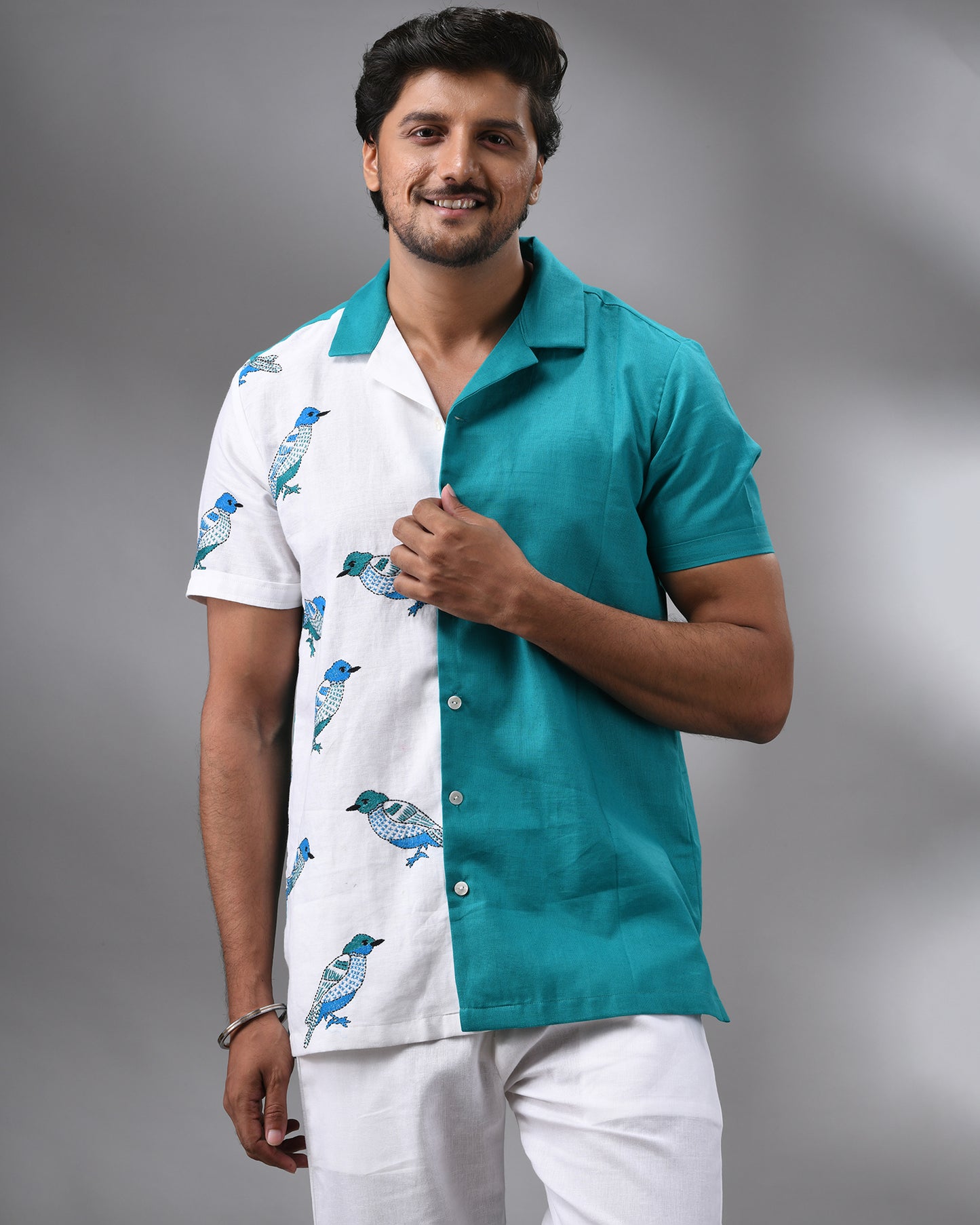 Neel Chorui - Kantha Hand Embroidery Half Sleeve Cuban Collar Shirt 100% Cotton for Men (Unisex)