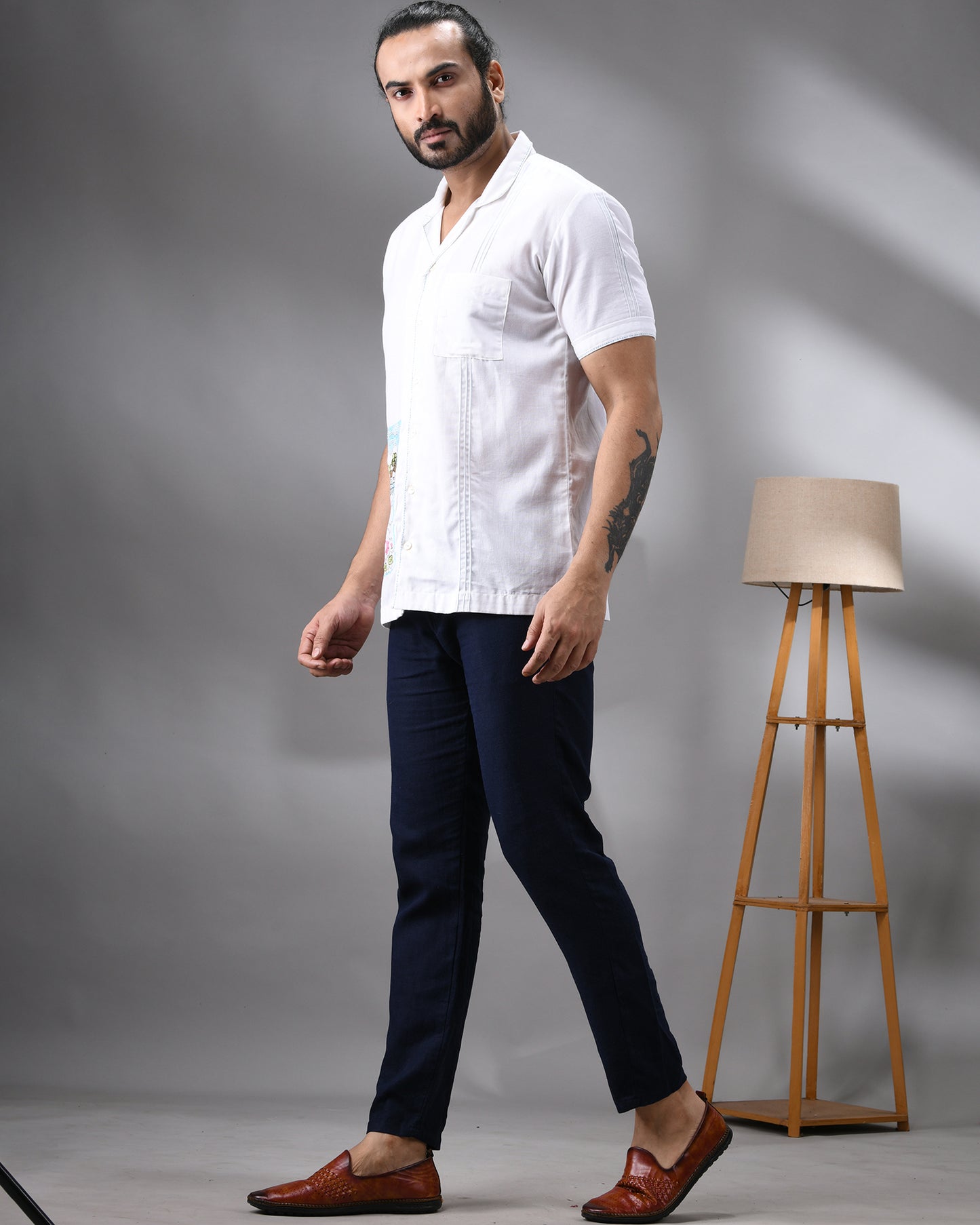 Scenery - Thread Embroidery Half Sleeve Cuban Collar Shirt 100% Cotton for Men (Unisex)
