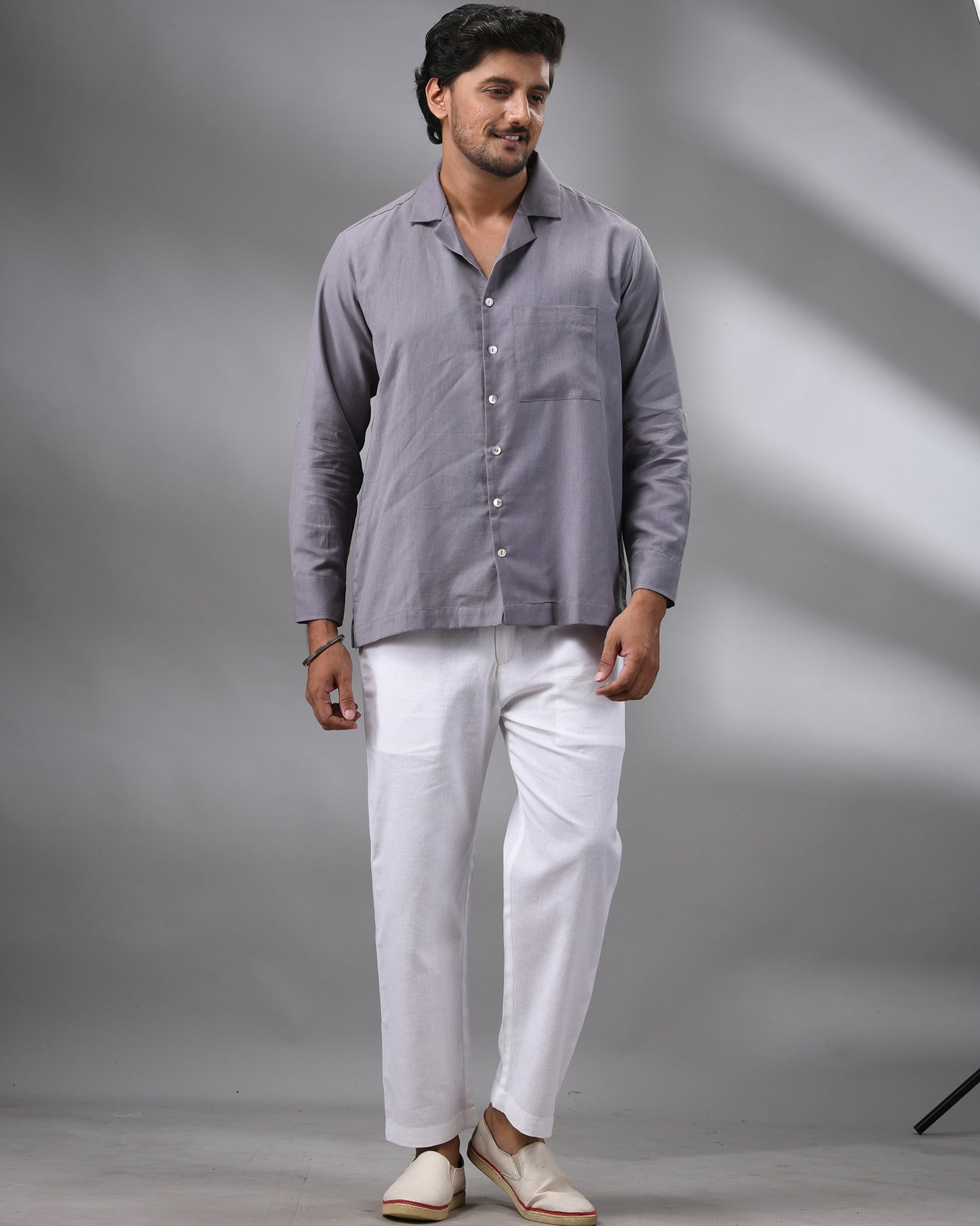 Khadi Grey Full Sleeve Cuban Collar Shirt 100% Cotton for Men (Unisex)