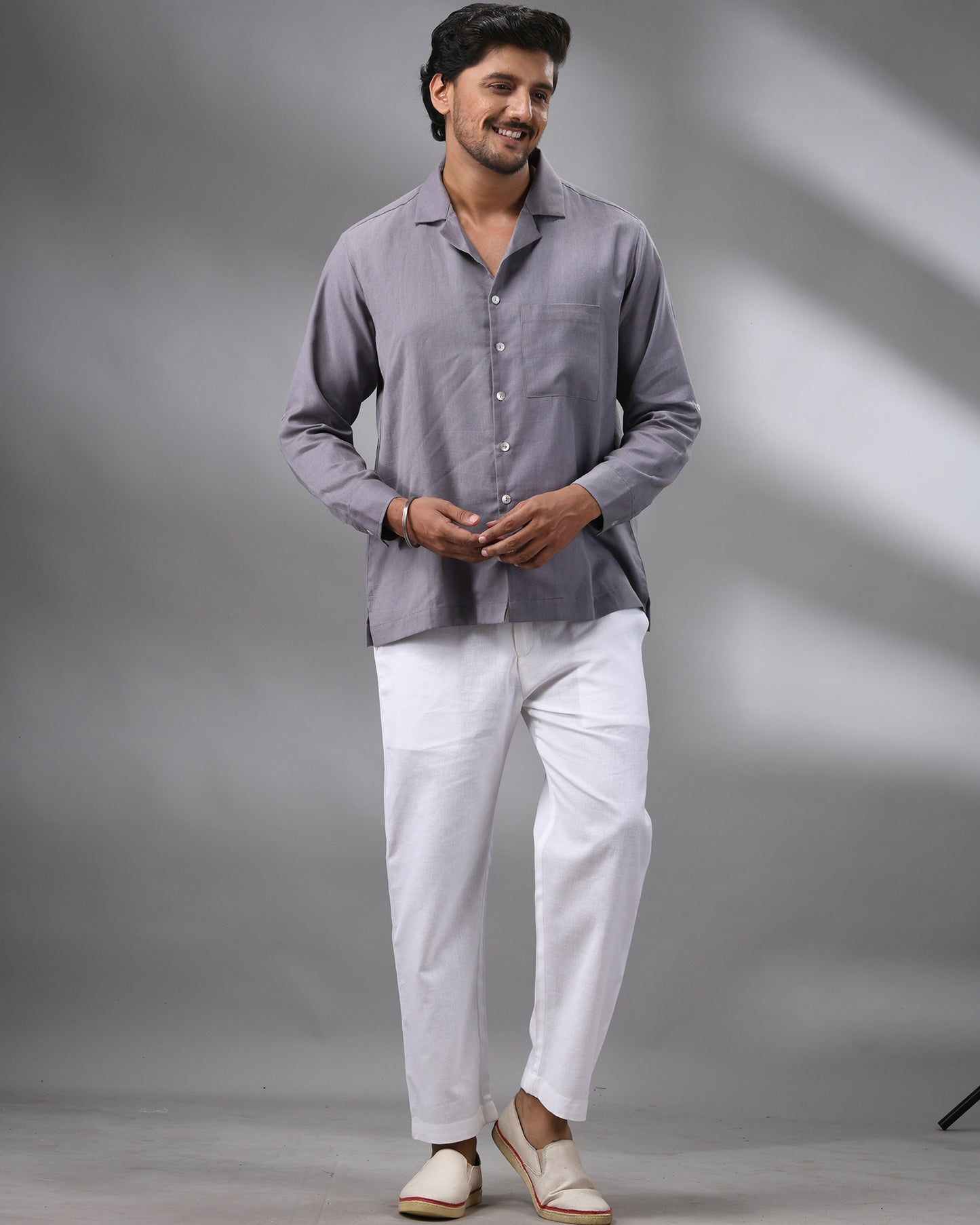 Khadi Grey Full Sleeve Cuban Collar Shirt 100% Cotton for Men (Unisex)