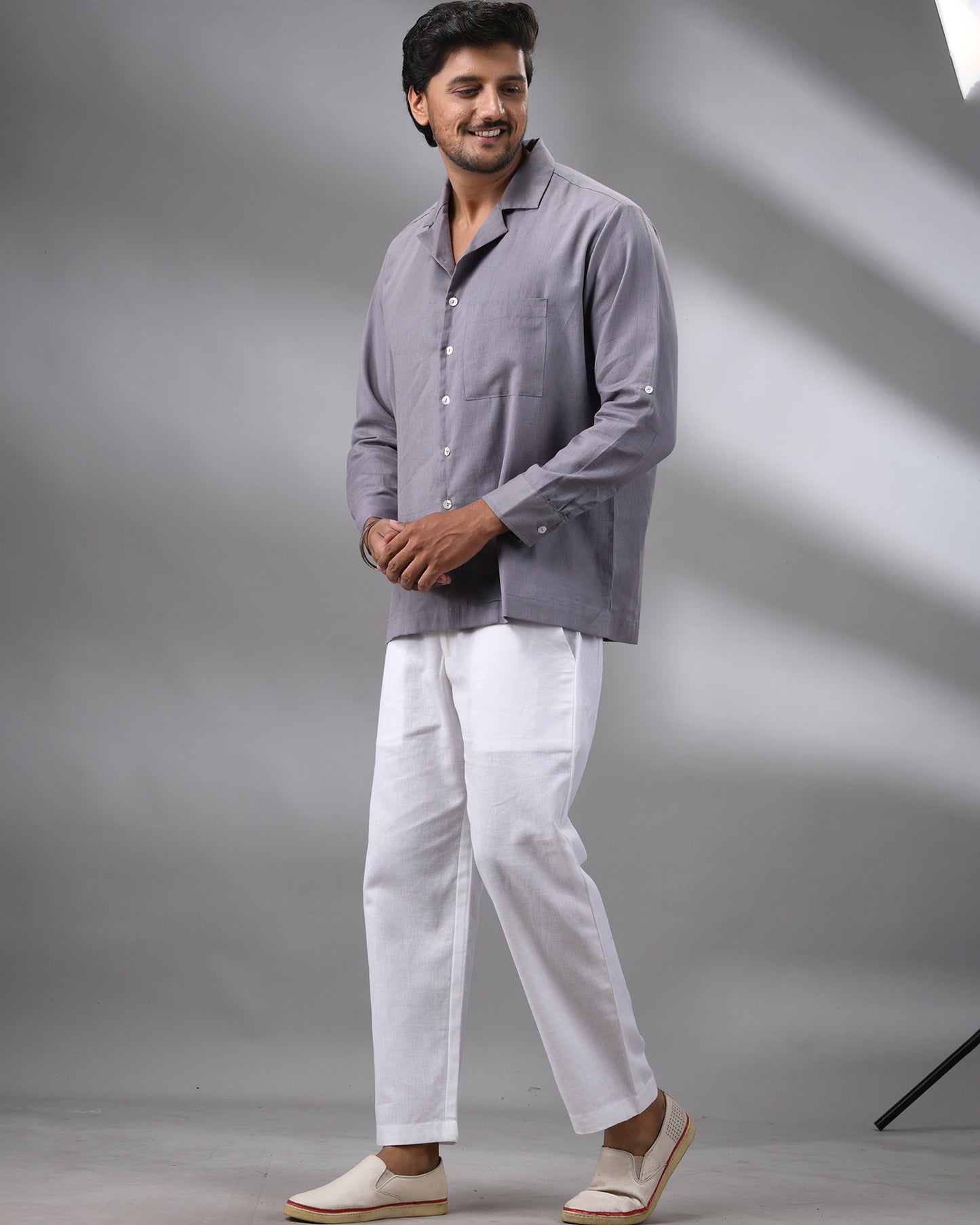 Khadi Grey Full Sleeve Cuban Collar Shirt 100% Cotton for Men (Unisex)