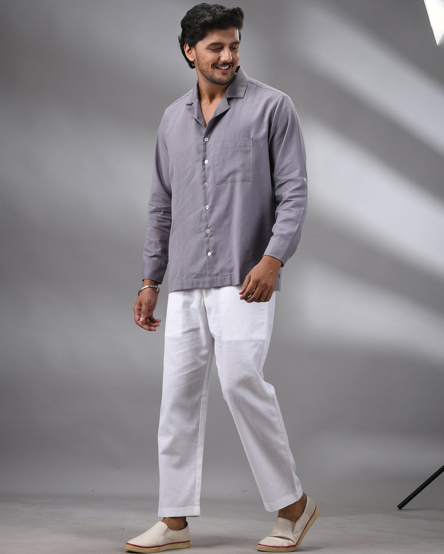 Khadi Grey Full Sleeve Cuban Collar Shirt 100% Cotton for Men (Unisex)