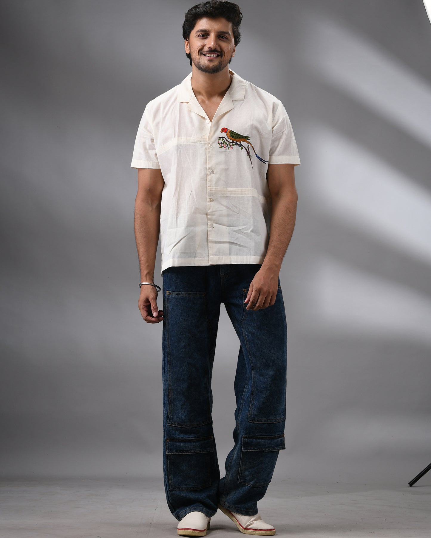 Parrot - Thread Embroidery Half Sleeve Cuban Collar Shirt 100% Cotton for Men (Unisex)